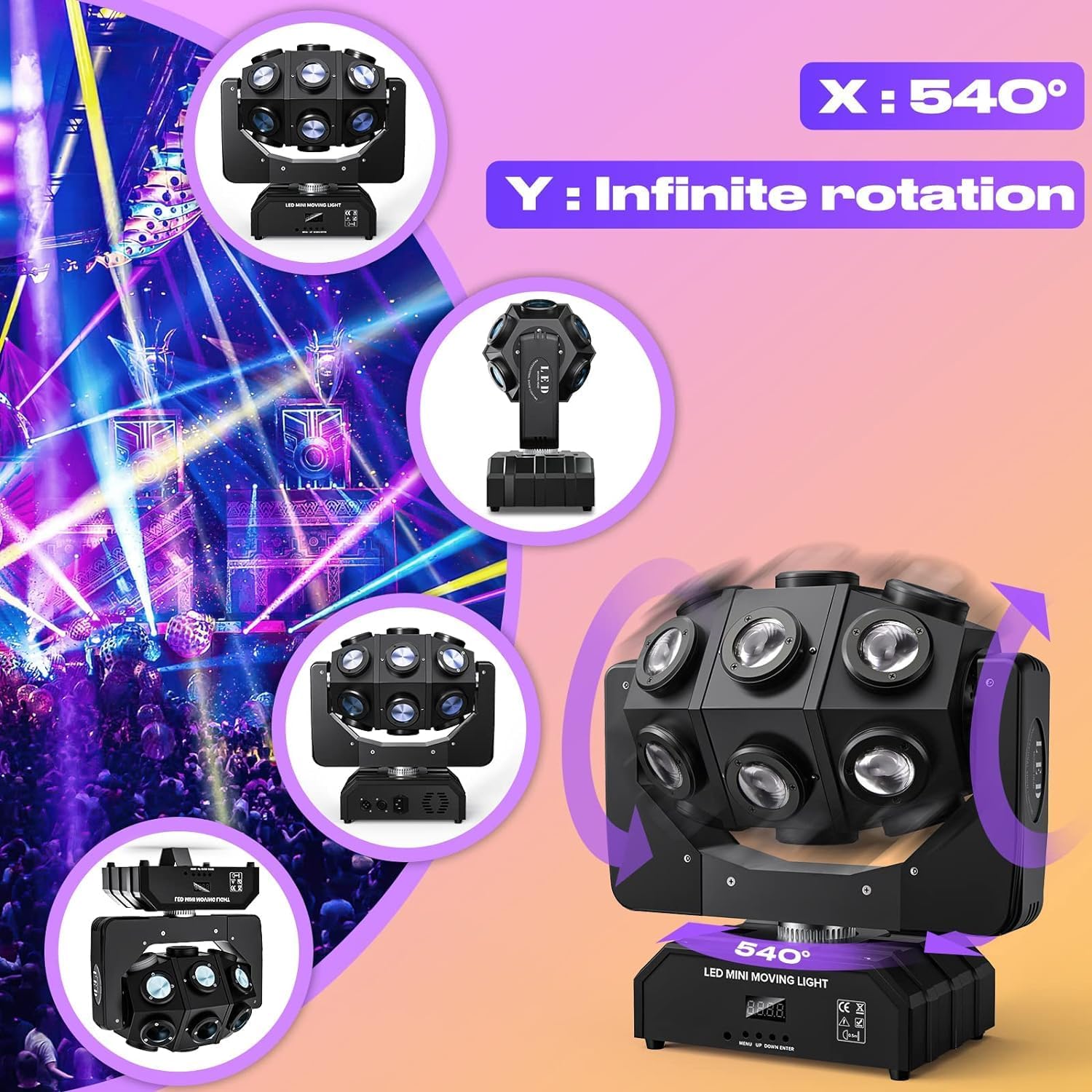 2Pcs 18 LEDs Moving Head Beam Light 180W Moving Head Light RGBW 360°Rotation DJ Lights DMX 512 with Sound Activated for Stage Lighting Party Wedding Christmas