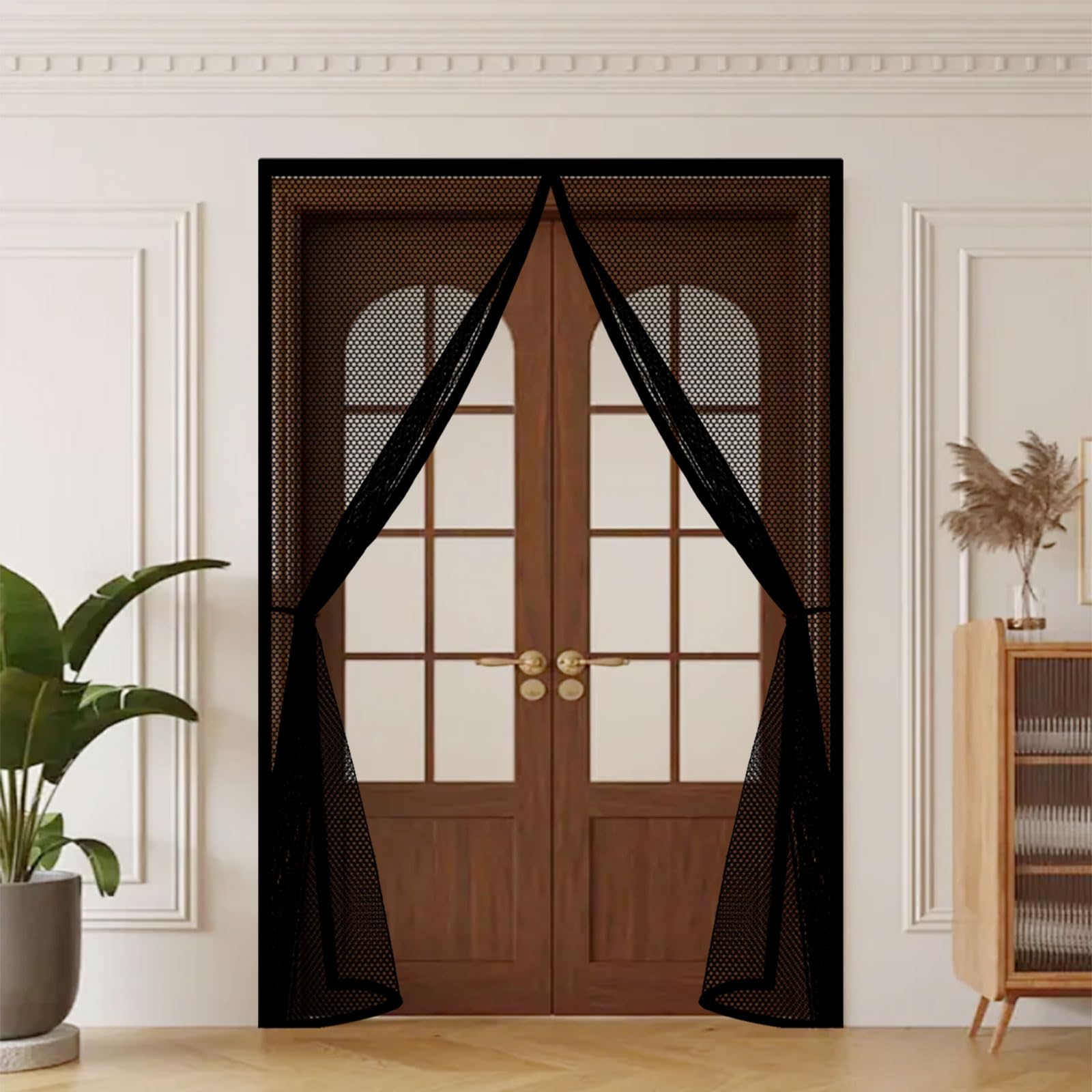Guojun Black Fly Screens For Doors 145 X 220 Cm Heavy Duty Self-Sealing No Gap Anti Mosquito Door Fly Screen Curtain Hands Free No Drill Installation For Patio Bedroom Sliding Kitchen,