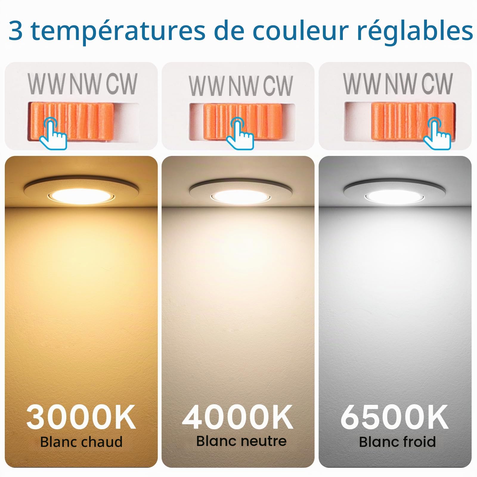 Spot LED Encastrable Blanc Dimmable Extra Plat 5W Spot LED 220V Blanc Chaud 3000K Blanc Neutre 4000K Blanc Froid 6000K Éclairage Encastré 68mm,Orientable Spots de Plafond de Salle de Bain,Lot de 6