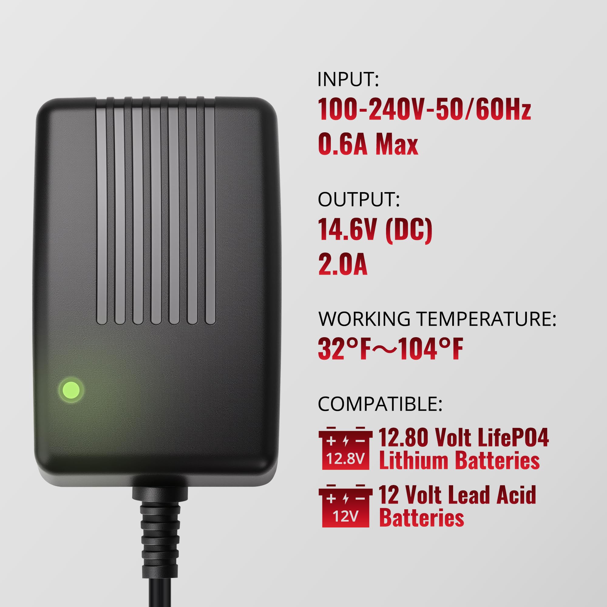 Hicrank 14.6V, 2A Battery Charger for 12V LiFePO4 Motocycle Battery, with Dual Alligator Clips Connector
