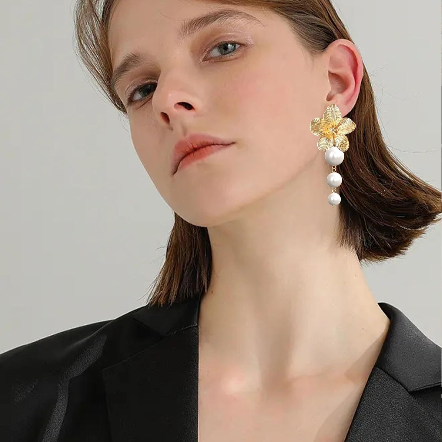 Floral Pearl Statement Earrings For Women Flower Large Stud Dangle Drop Earrings Boho - Image 2