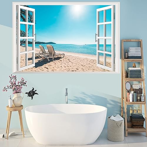 Miniatura 6 de Adhesivo de pared 3D para ventana falsa de paisaje marino de playa, palmera tropical extraíble, vista al mar, calcomanías de pared falsas para