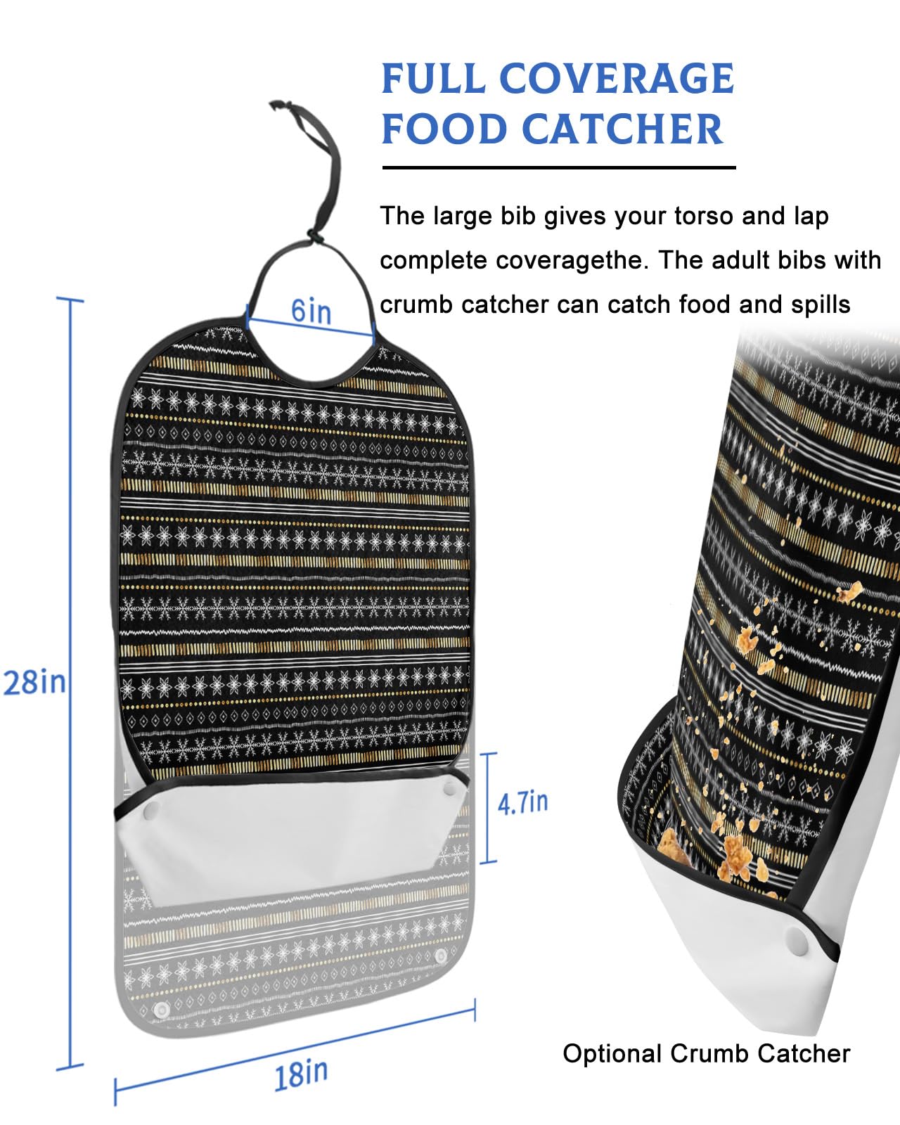 Boho Christmas Adult Bib for Eating with Crumb Catcher,Black Gold Stripe Snowflake Dot Washable & Waterproof Terry Cloth Adjustable Elderly Women Men Adult Bibs Funny Apron Reusable Clothing Protector