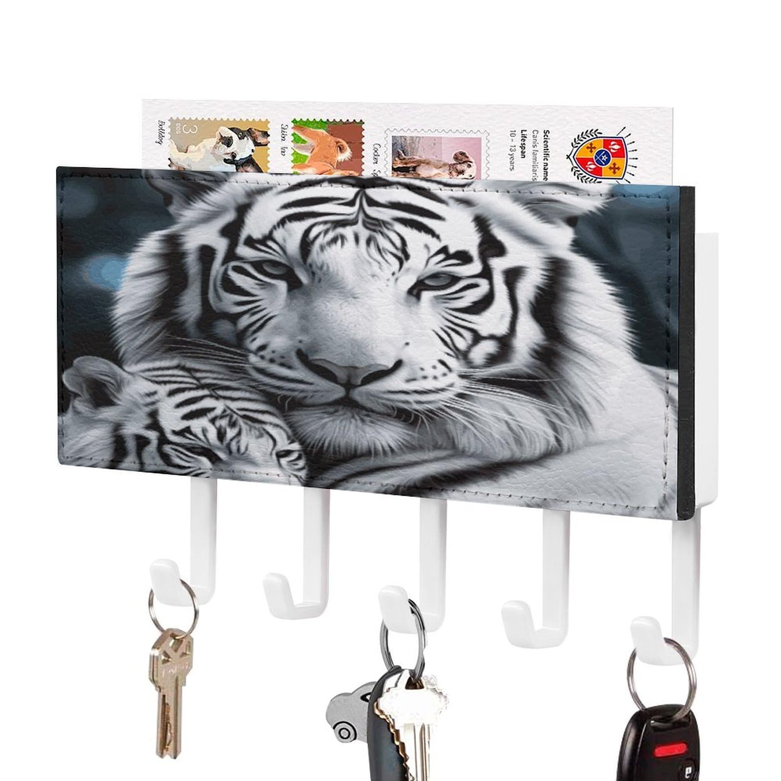 LDGSUPH White Tiger Key Holder Wall Mount Key Hanger with 5 Hooks Fashion Key Organizer Rack Hanging Key Hooks with Mail Organizer Key Rack for Home Entryway Hallway White-Style