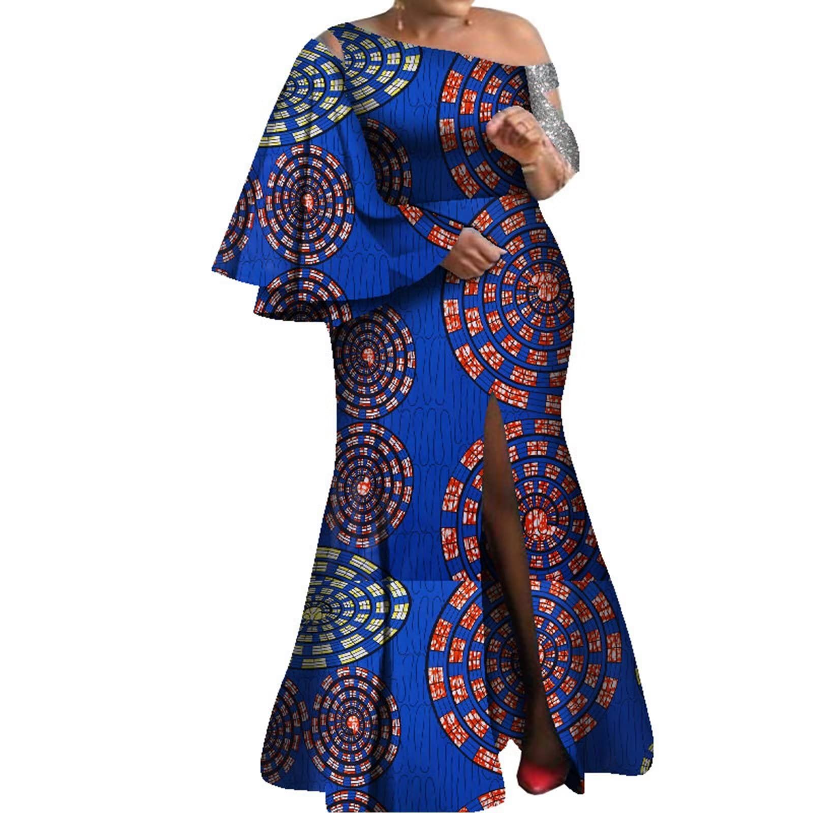 iooiooiAfrican Dresses for Women Flared Sleeves One Shoulder Long Maxi Dress WY8237