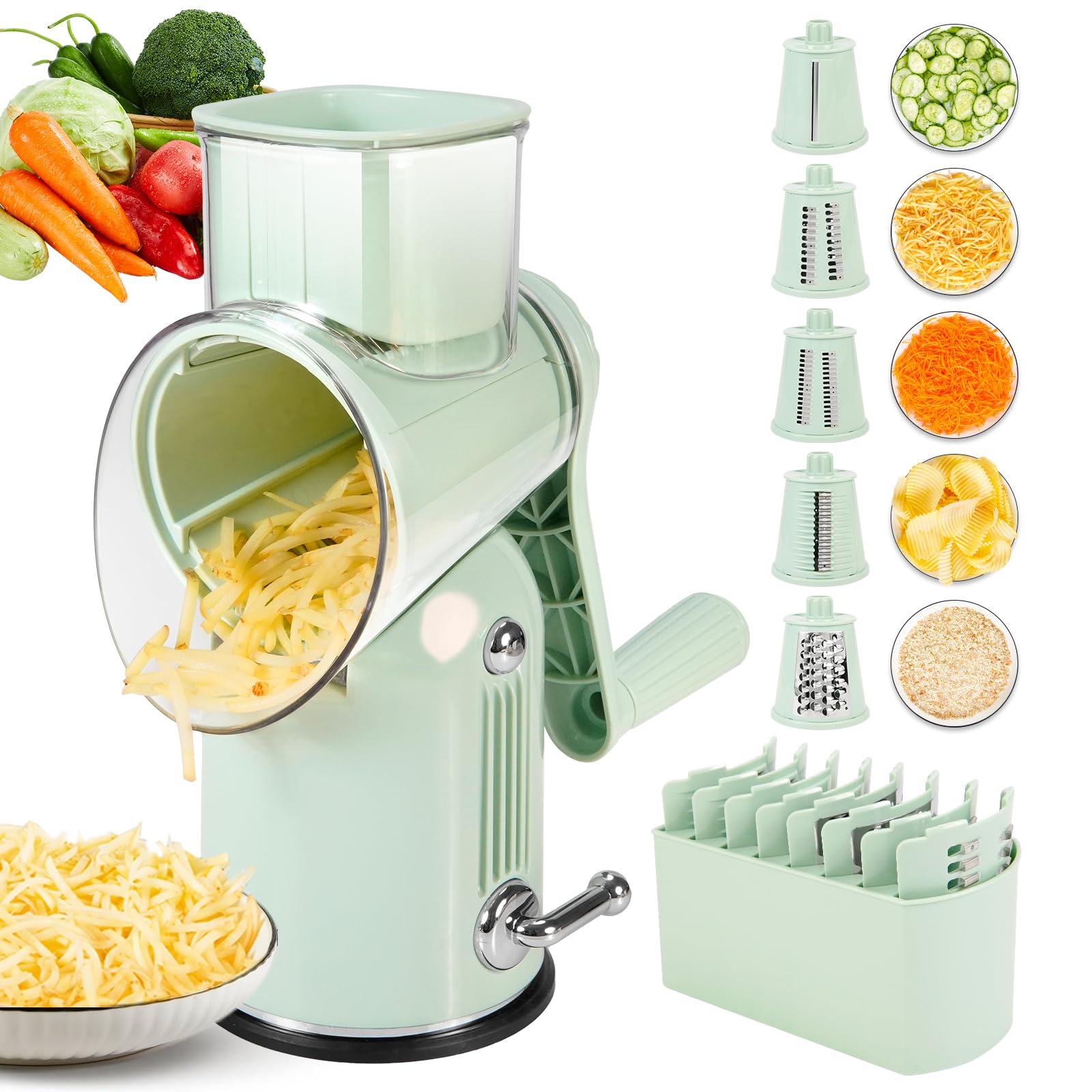 Rallador giratorio de queso y rebanador de mandolina con 5 cuchillas intercambiables, corte sin esfuerzo para queso, verduras, frutas, frutos secos, diseño fácil de limpiar para uso en cocina