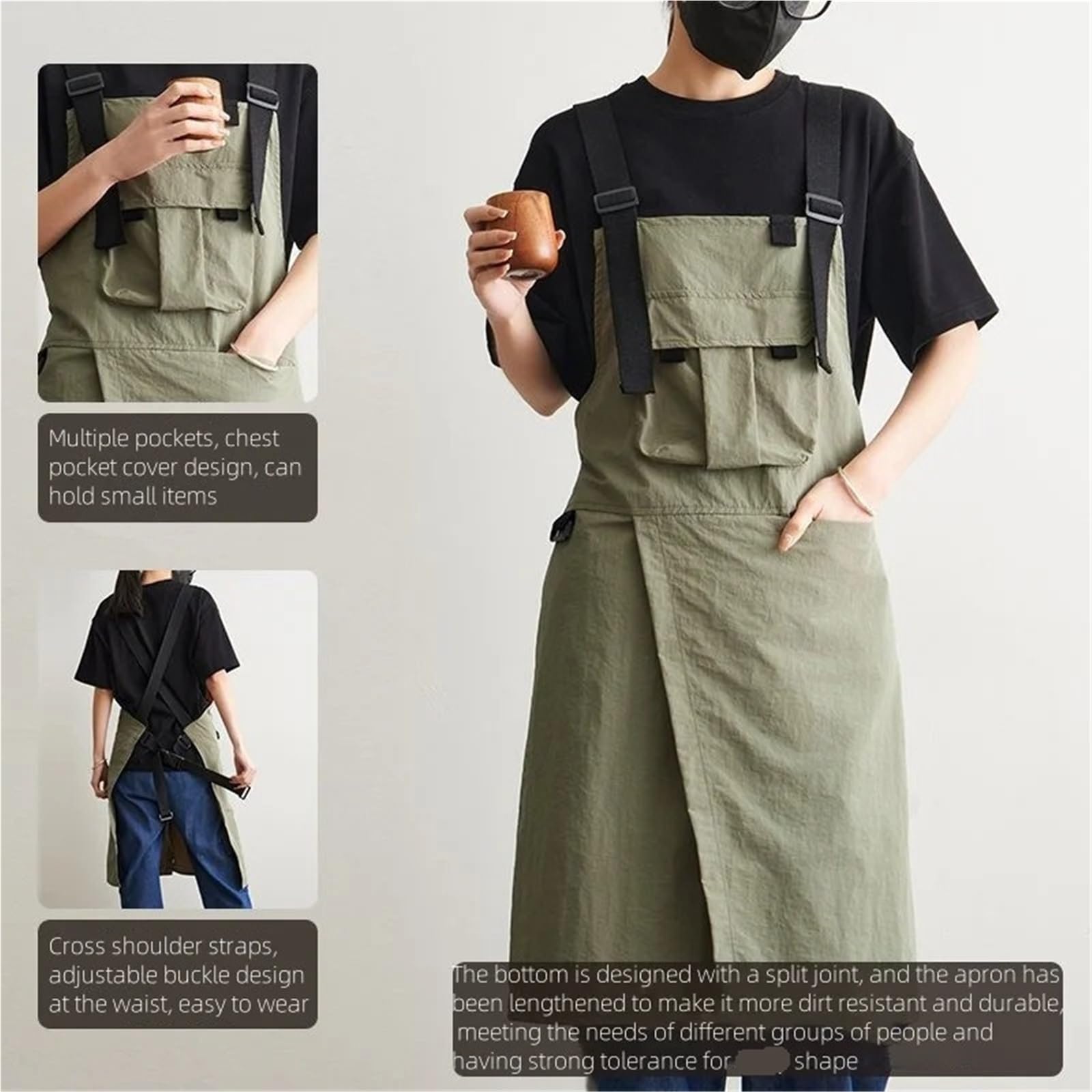 Delantal de cerámica con piernas separadas Delantal largo ajustable con tiras cruzadas y diseño de pierna dividida, ideal for cafeterías, estudiantes arte limpieza del hogar