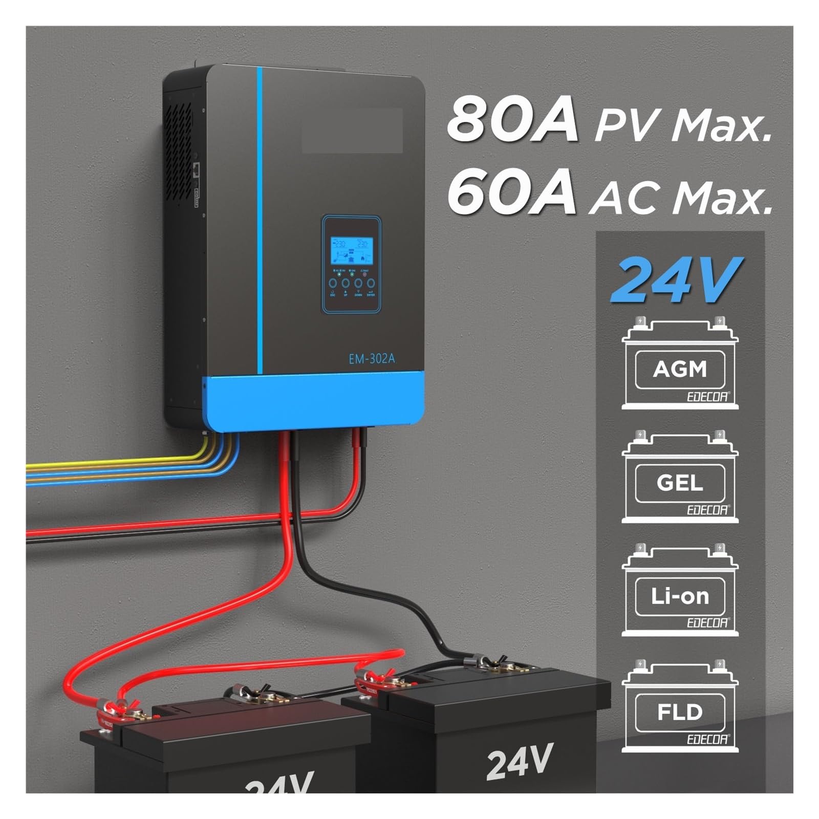 Hybrydowy Inwerter Solarny 3000W 3.2KVA 24V 3KW MPPT 80A PV 450VDC Czysta Fala Sinusoidalna UPS Ładowarka Do Baterii Lifepo4 Zróżnicowane Zastosowania(WITH WIFI)