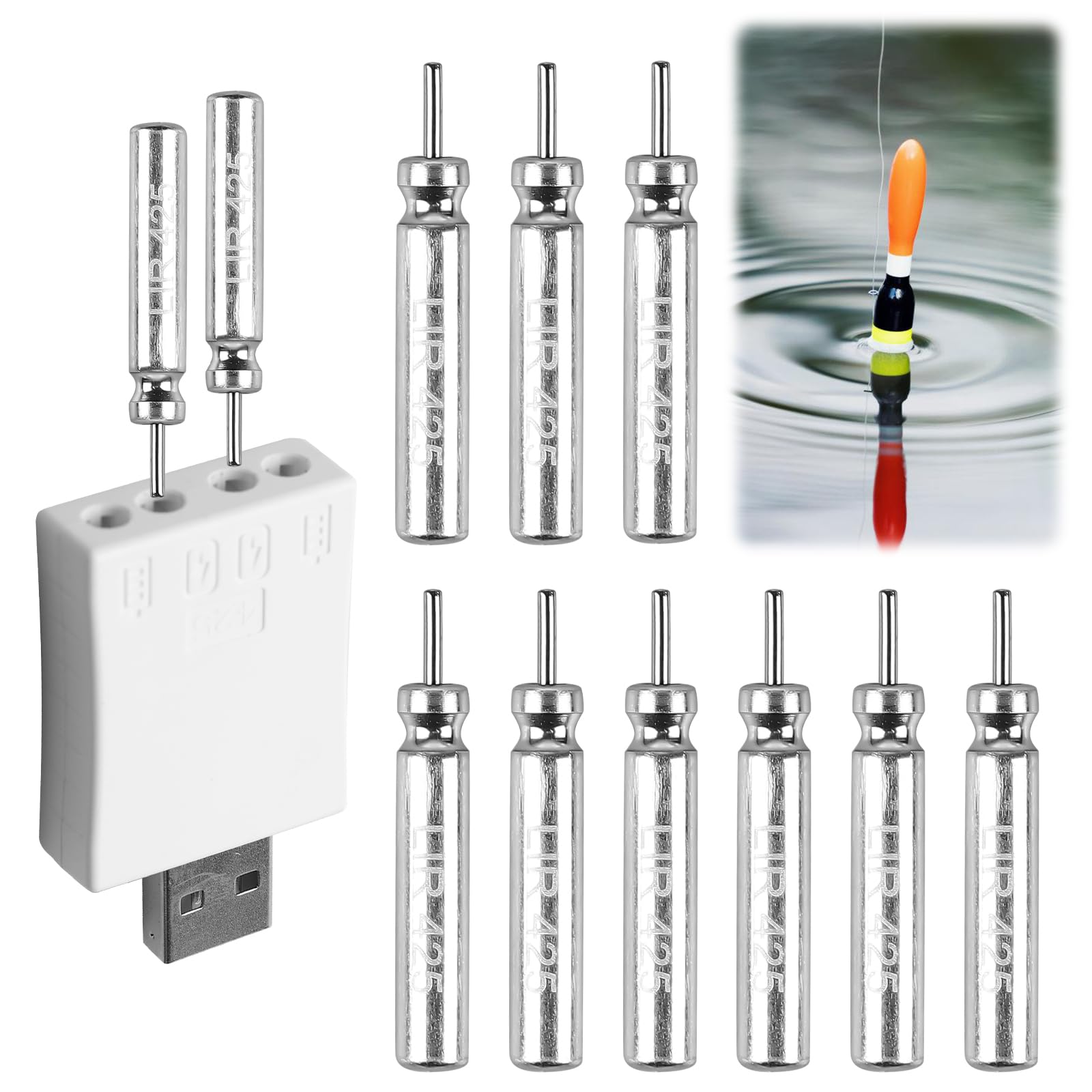Lot de 9 piles CR425 compatibles avec les flotteurs LED - Rechargeables - Pour cloches d'alarme de pêche et flotteurs de pêche - Avec chargeur et batteries