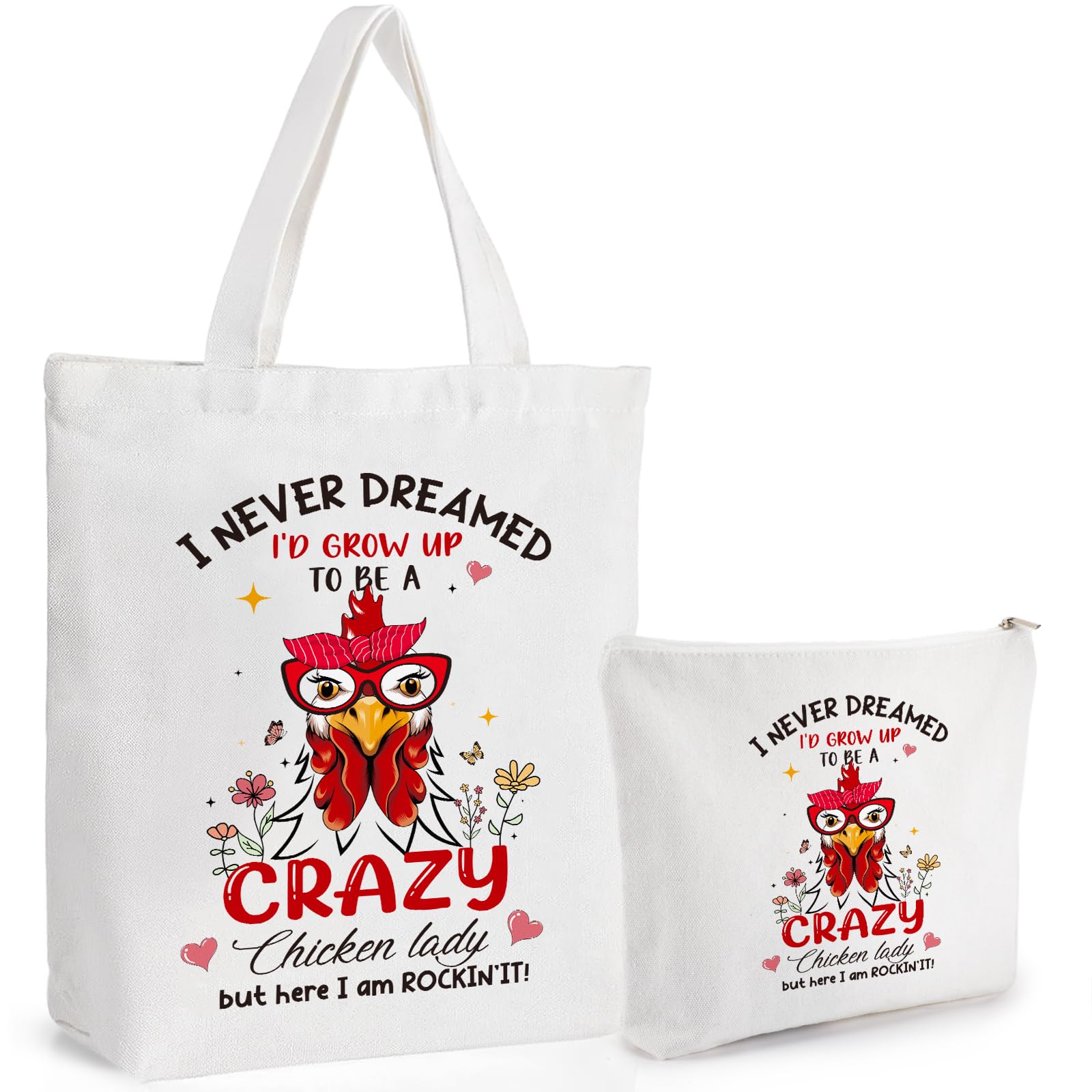VeloKomo Chicken Canvas Tote Bag - Aesthetic Chickens Lover Gift 2PC Reusable Purses With Cosmetic Bags Shopping Totes Personalized Birthday Gifts for Women Lady Friend Crazy Rooster