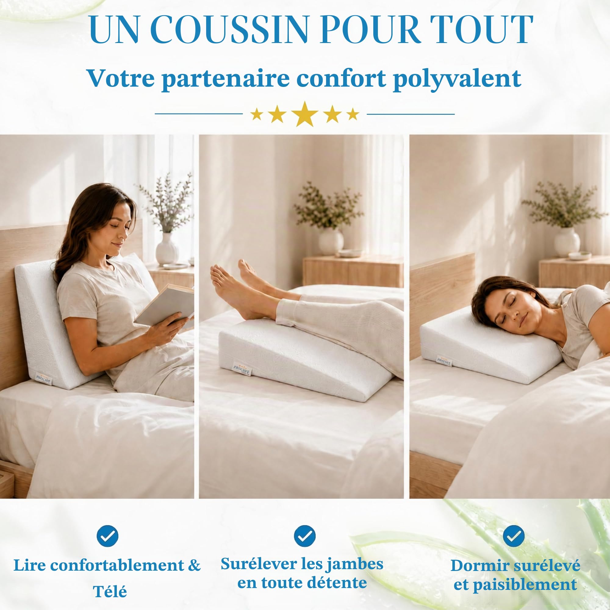 PROCAVE Cale de lit | Coussin en Mousse en Forme de cale | Réhausseur de Matelas Respirant | Fabriqué en Allemagne | Housse Double en Tissu Aloevera | 140 cm x 45 cm x 15/1 cm