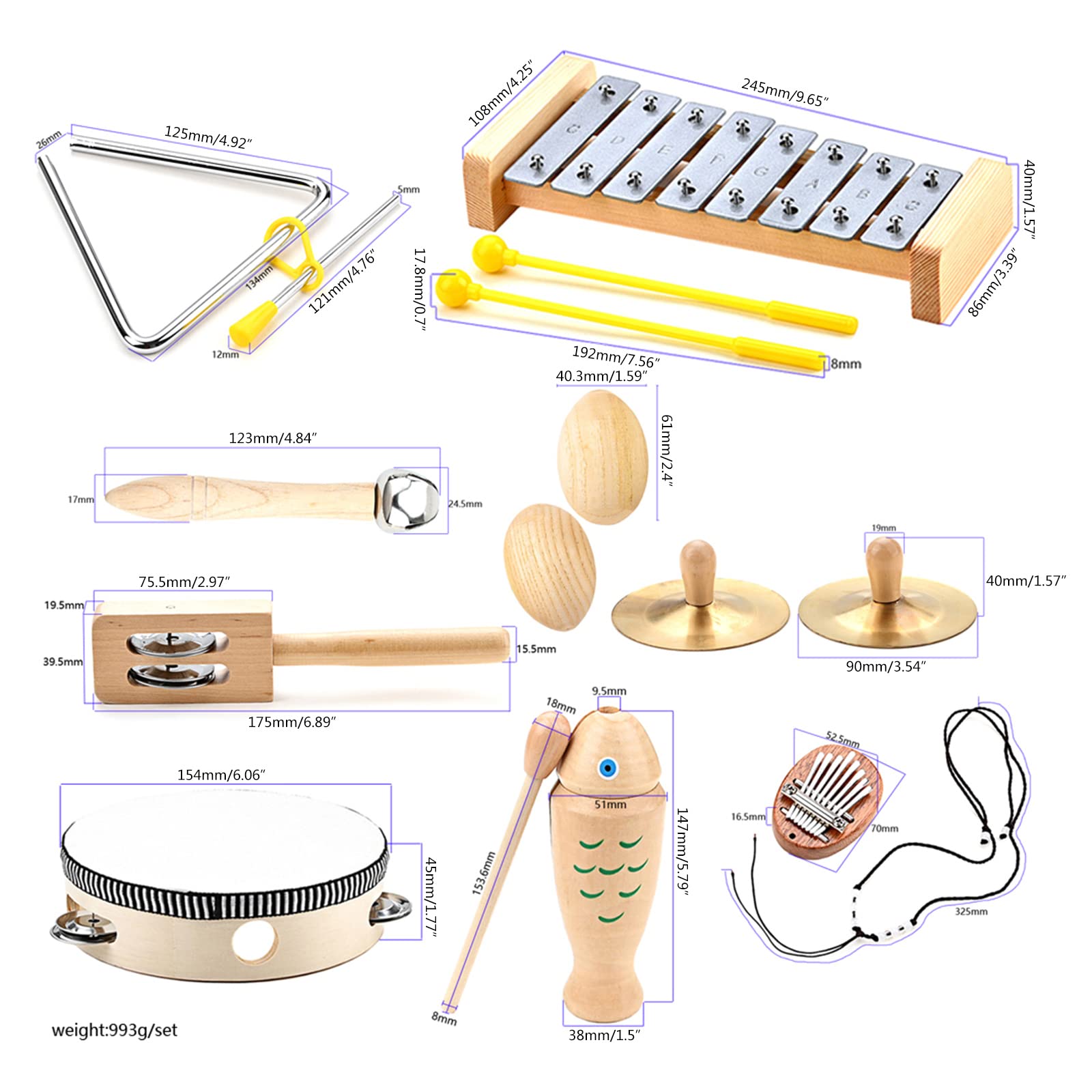 9-teiliges Kinder Percussion Musikspielzeug, Orff Percussion, natürliche Holzinstrumente, Musikspielzeug für Jungen und Mädchen, Kinderinstrumenten Set