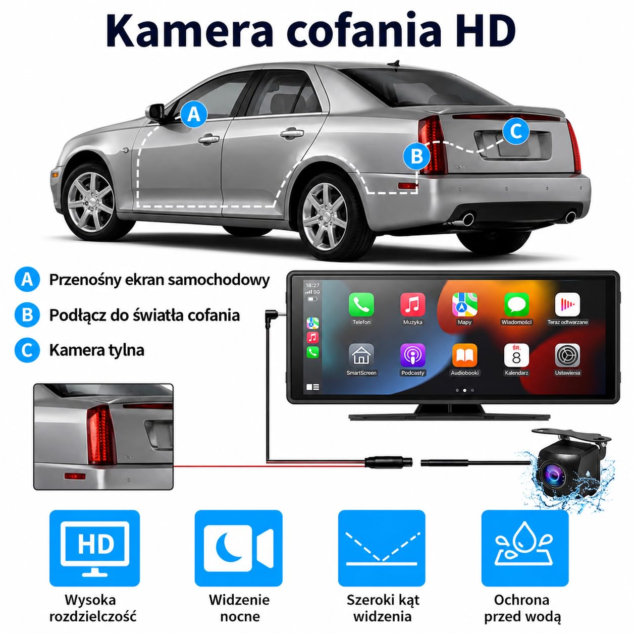 10,26" Przenośny Ekran Samochodowy z Bezprzewodową Obsługą CarPlay i Android Auto, Ekran Dotykowy do Samochodu z Kamerą do 4K i Kamerą Cofania 1080P, Bluetooth/FM/AUX, Mirror Link