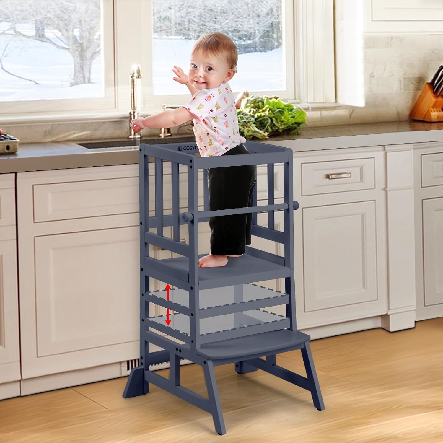 COSYLAND Height Adjustable Toddler Standing Tower - Kitchen Step Stool Kids Learning Stool - Kitchen Nursery Helper Stand with Safety Rail in Natural Bamboo, Strong and Lightweight (Dusty Blue)