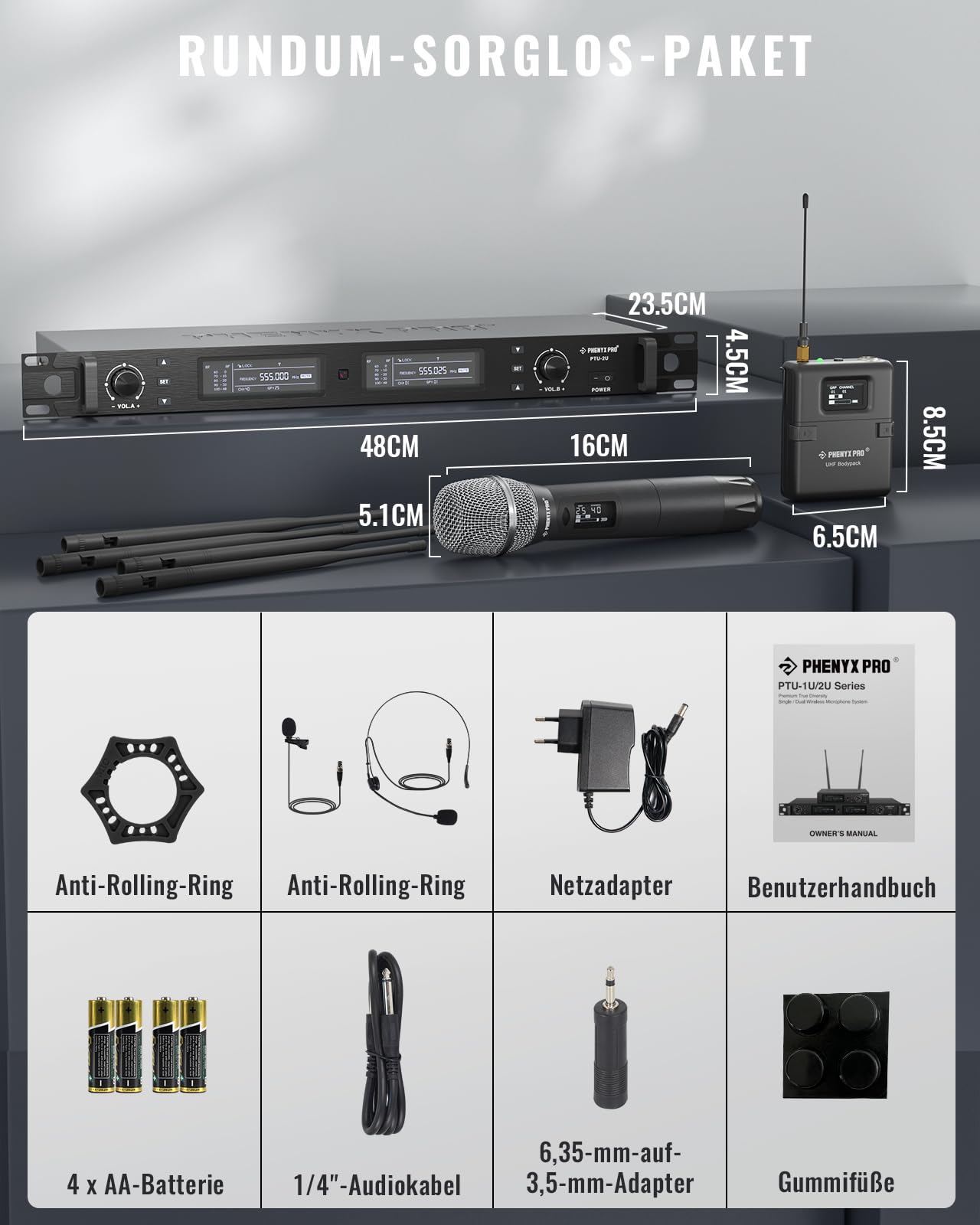 Phenyx Pro Wireless Mikrofon Karaoke funkmikrofon Set - Dual mikrofon kabellos, Auto Scan, 2x1000 Kanäle, inkl. Handheld/Bodypack/Headset/Lapel Mics für Bühne & Studio (PTU-2U-1H1B) | Auto-Scan, 2 x 1000 Kanäle, 300-328 ft Reichweite, Schnelle IR-Sync, He