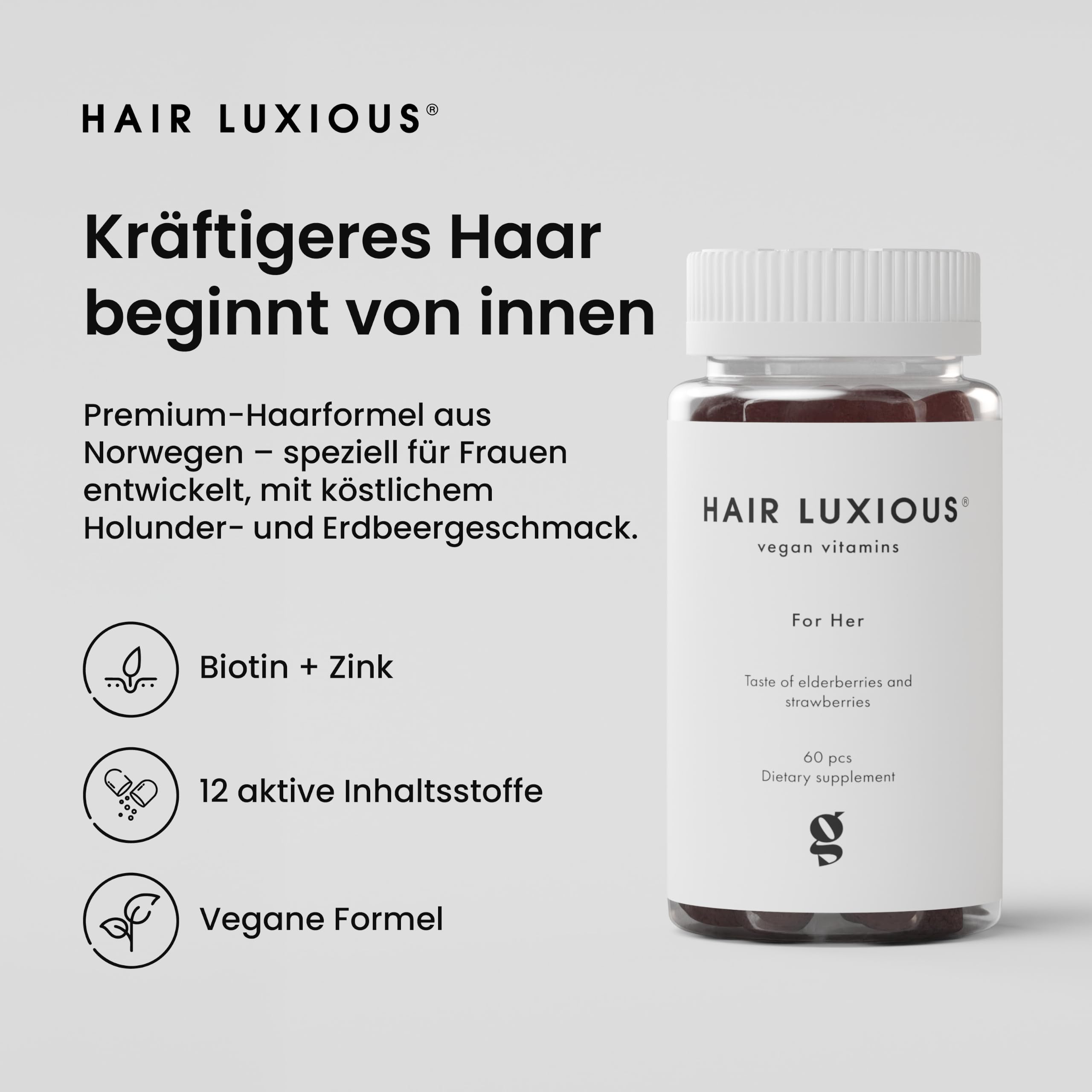Hair Luxious® Biotin Gummies für Haarwachstum, hochdosiert mit 2500 µg Biotin, 100% vegane Gummies für Frauen mit Zink, Selen, Vitamin A, B, E, C & Mehr, Beeren-Geschmack - 60 Stück