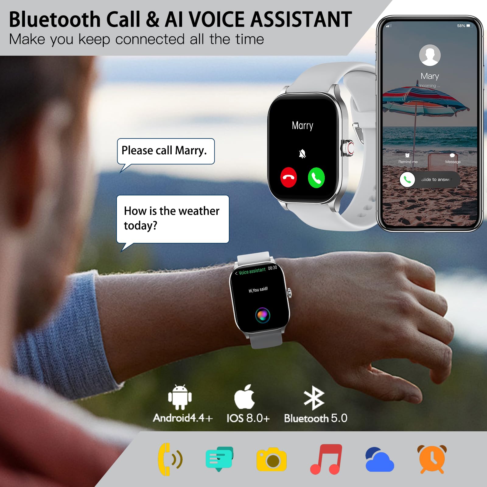 Smart Watch for Women Men with Text and Call, 2025 New AI Smartwatches with Heart Rate/SpO2/Sleep/Stress Monitor, 100+ Sports Modes, Fitness Watches Compatible with Android/iOS (Silver, 1.85 inches)