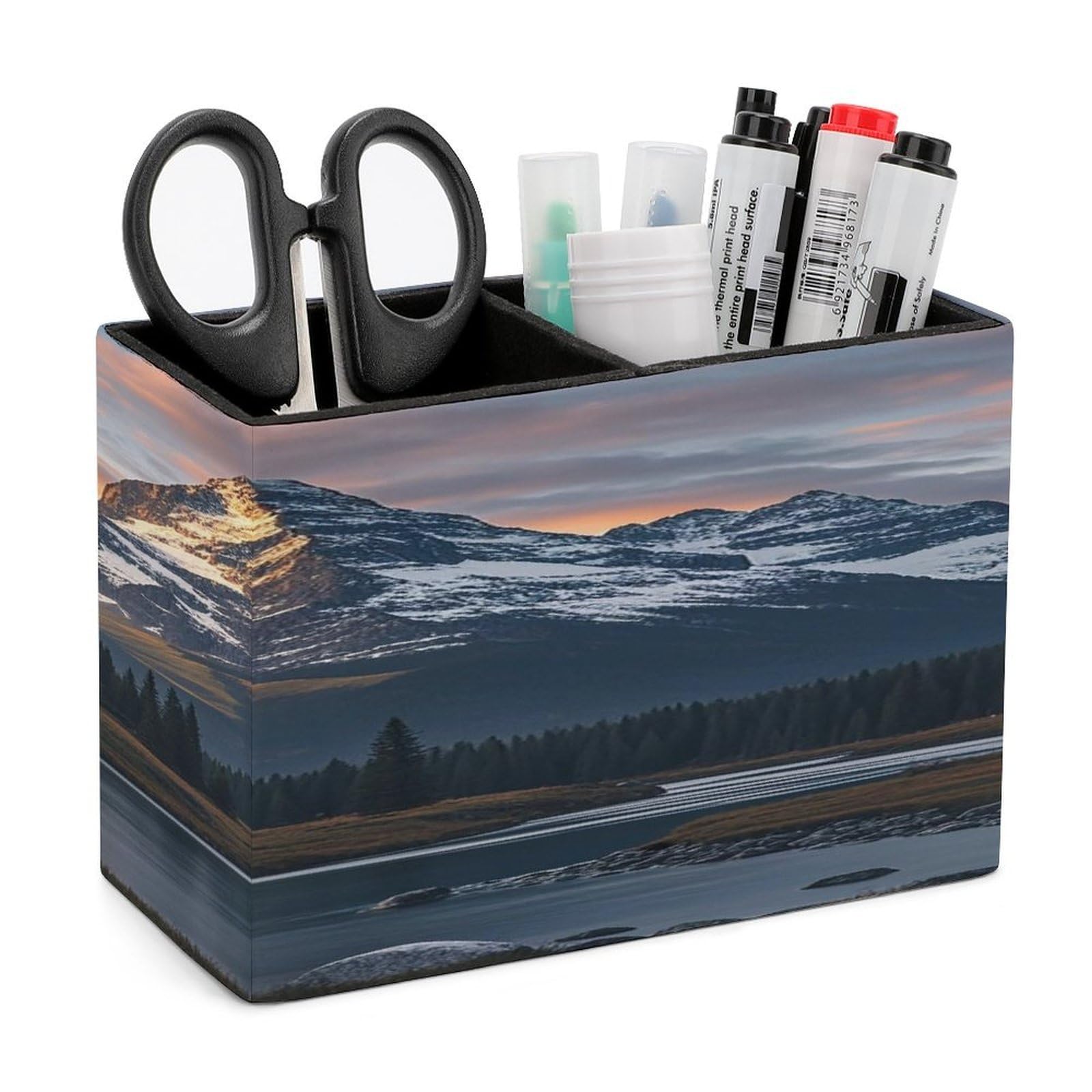 VstaDank Mount at Sunset Pencil Holder for Desk(Double Slots) Fashion Leather Pencil Cup Simple Rectangular Shape Pen Holder Multi-Functional Pen Cup for Home Office Supplies Storage
