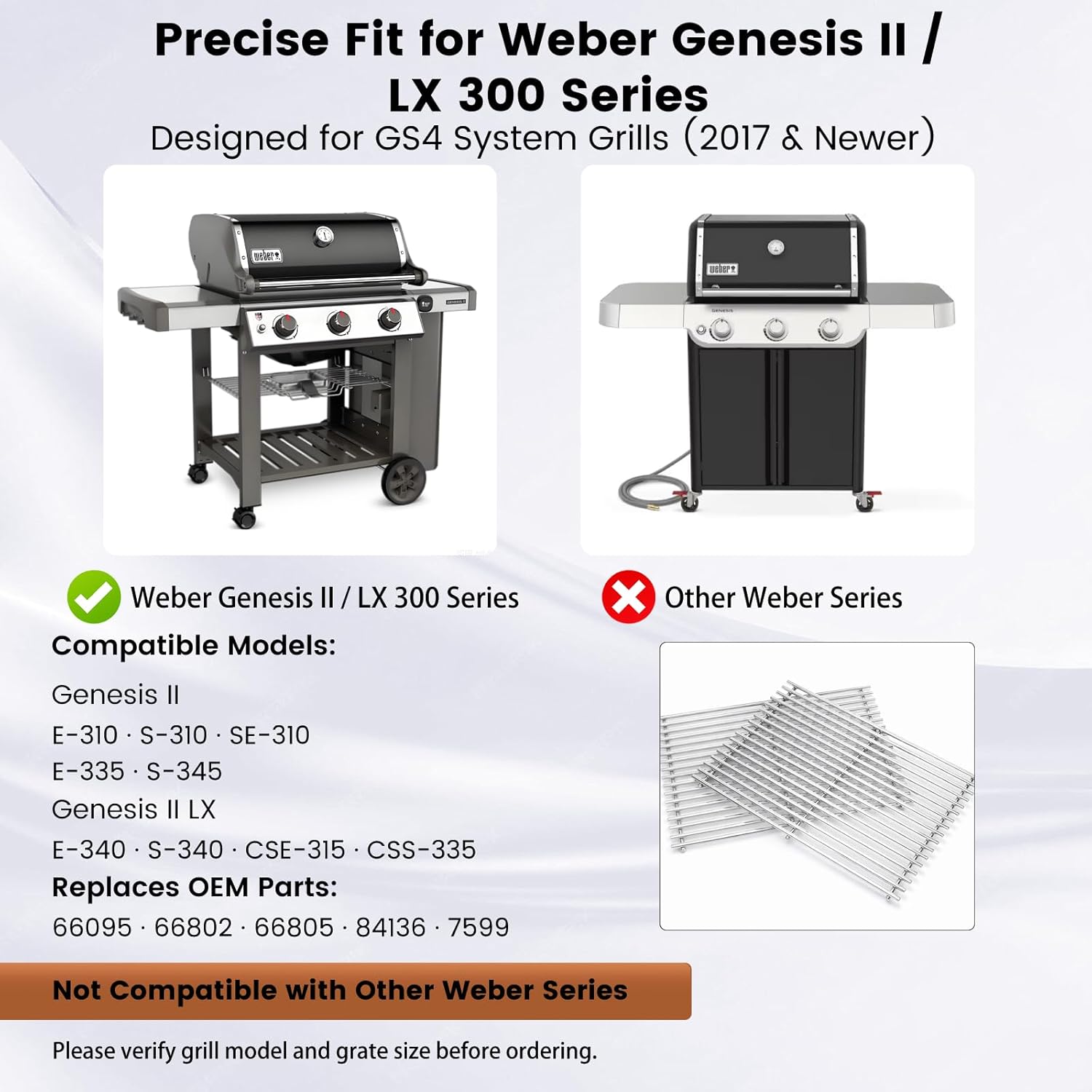 18.75"×13.25" 304 Stainless Steel Grill Grates - 9MM - 66095/66802 Replacement for Weber Genesis II/LX 300 Series GS4 (E/S/SE/CE/CSS-310 · 315 · 325 · 330 · 335 · 340 · 345, 2017+)