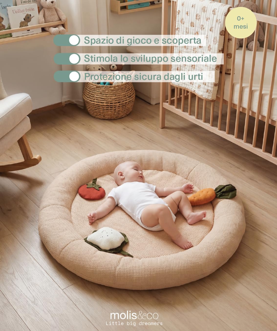 molis&co - Tappetino sensoriale per bambini, rotondo, 90 cm, con trame, suoni e giocattoli interattivi, imbottito, pieghevole, con borsa, Oeko-Tex 100 (Sand)