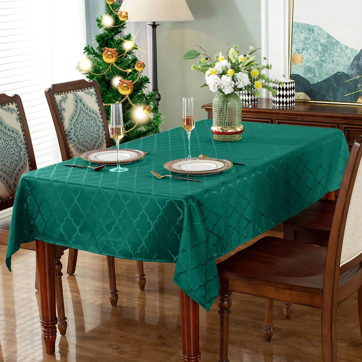 Christmas Tablecloth Flower Jacquard Table Cloth Spill Proof Dust-Proof Wrinkle Free Polyester Table Cover for Xmas Santa Holiday Winter (Rectangle/Oblong - Image 2