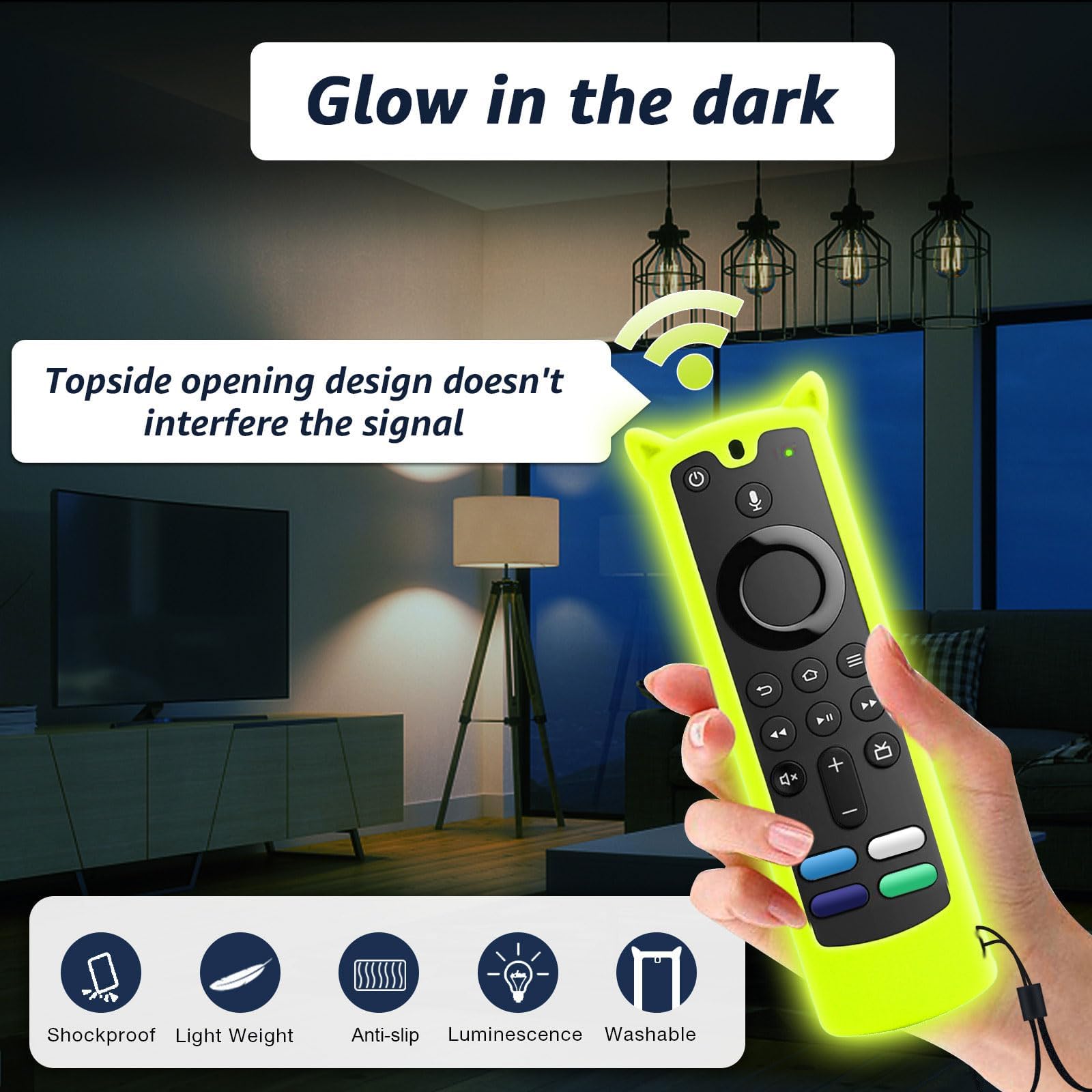 Paquete de 2 fundas de silicona para control remoto que brillan en la oscuridad, funda protectora de silicona antideslizante con cordón, amarillo y rosa