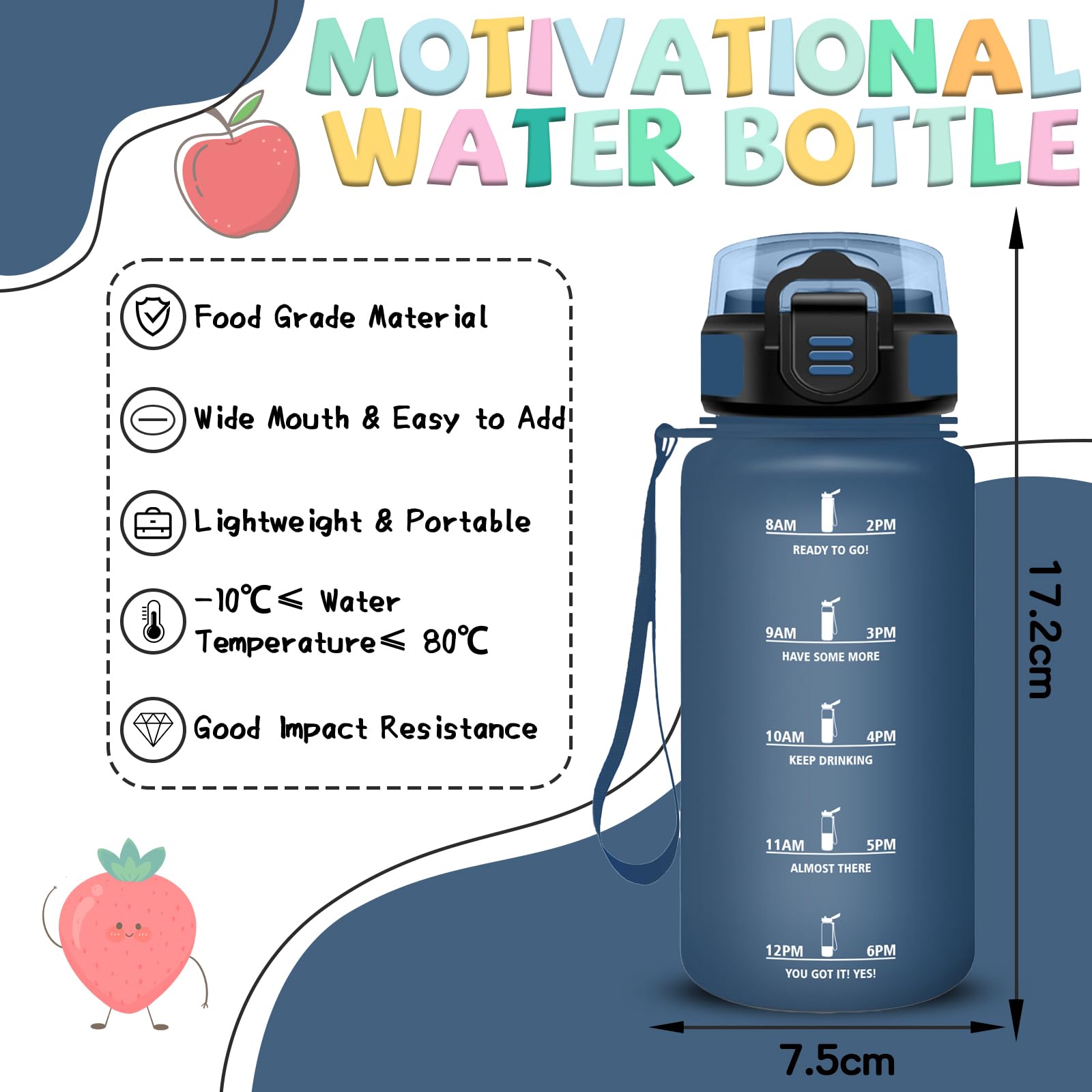 Mujigaga Borraccia, 500ml Borraccia Bambini, Borraccie con Cannuccia, Senza Perdite, Borracce Motivazionale, Facile da Pulire, Con Slogan Motivazionale, per Campeggio, Corsa, Viaggio