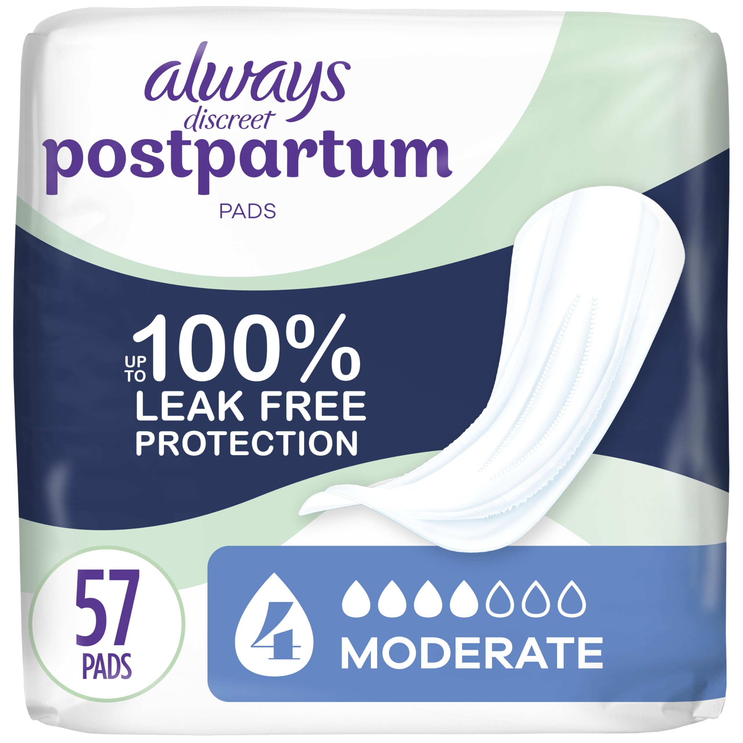 Always Discreet Postpartum Incontinence Pads, Moderate Absorbency, 57 Count