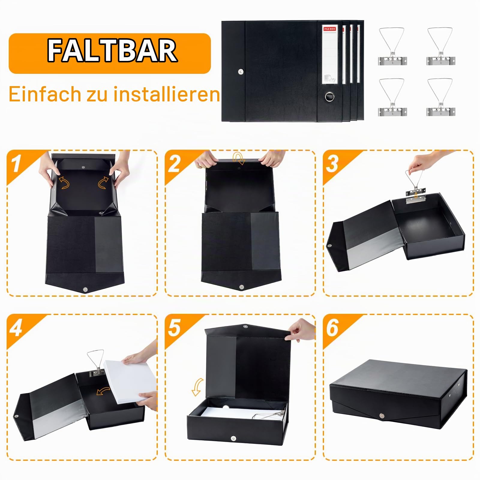 4 Stück Archivbox A4, 88 mm Rücken, Faltbare Aktenbox, Schwarz | A4 Dokumentenbox mit Metallklammer, 700 Blatt Kapazität, Aufbewahrungsbox aus Kunststoff für Büro, Schule oder Archivraum