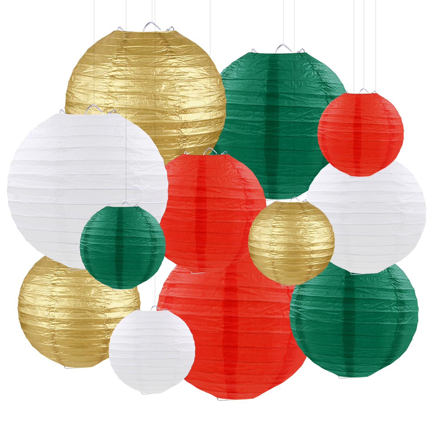 FUGUIR Christmas Paper Lanterns Red Green White Gold Hanging Paper Lanterns for Birthday Wedding Festival Christmas Party Decorations (12 PCS)