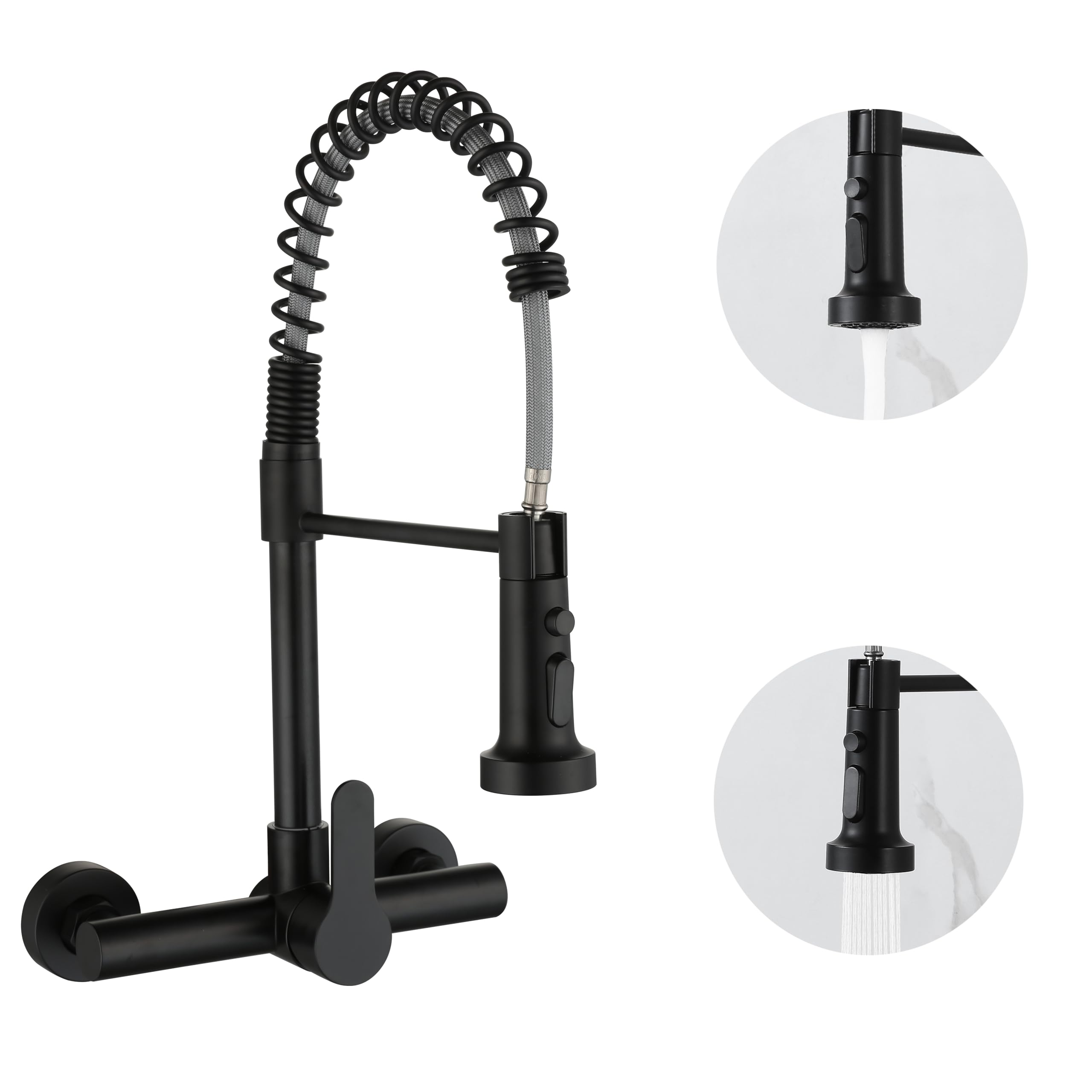 LIWEIKE Wall Mount Kitchen Faucets, Wall Mounted Faucet 8 Inch Center Wall Mount Kitchen Faucet with Sprayer, Matte Black