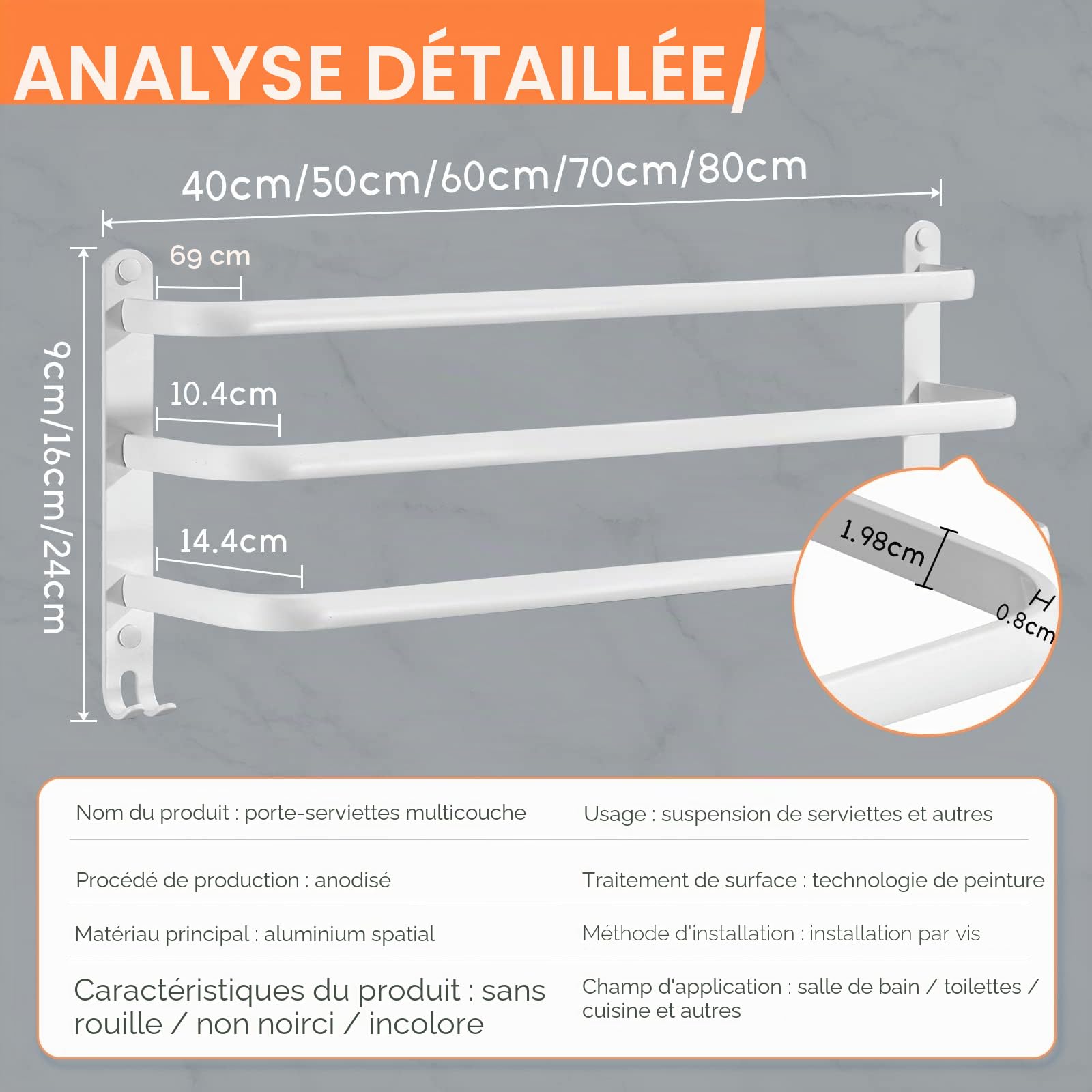 Porte-Serviettes Mural en Aluminium, 3 étages Porte Serviette Salle de Bain étagère Serviette avec Crochets, Étanche - pour Salle de Bain, Cuisine, Salle de Bain