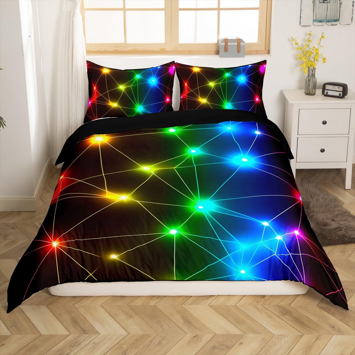Homemissing Triangle Retro Neon Duvet Cover Set Single Size For Kids Boys Girls Teens Rainbow Laser Pattern Bedding Set Colorful Stripes Comforter Cover with 1 Pillowcase(No Glitter) — image 1