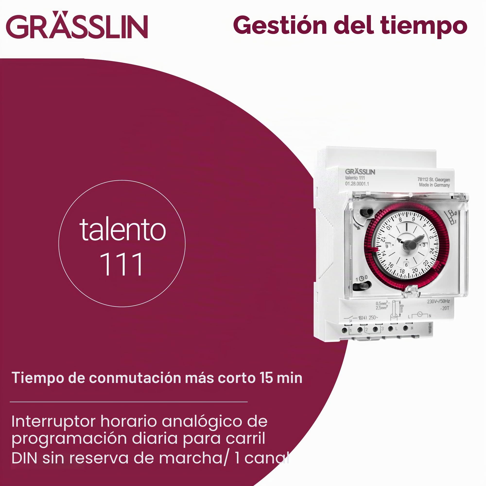 01.28.0001.1 Talento 111 Timer analógico Carril DIN 3 módulos 230V | Montaje en carril DIN, mecánico, 1 canal, programa diario, borne enchufable, 15 min, LED 180 W, halógena 1100 W, IP20, 50 Hz