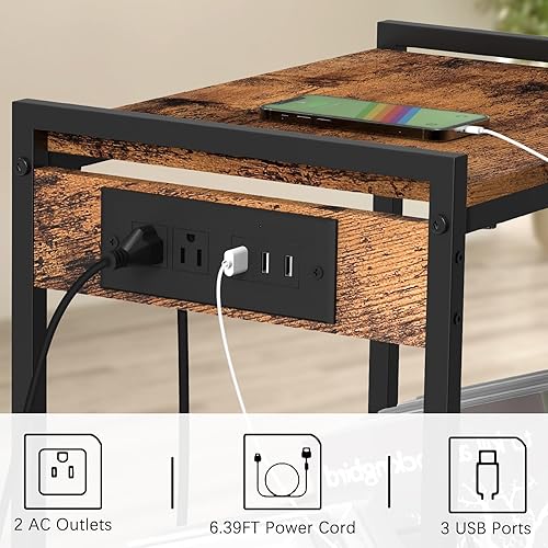 Miniatura 6 de Soporte para tocadiscos marrón con mesa auxiliar de almacenamiento de vinilo con estación de carga, carrito de impresora con ruedas junto al soporte