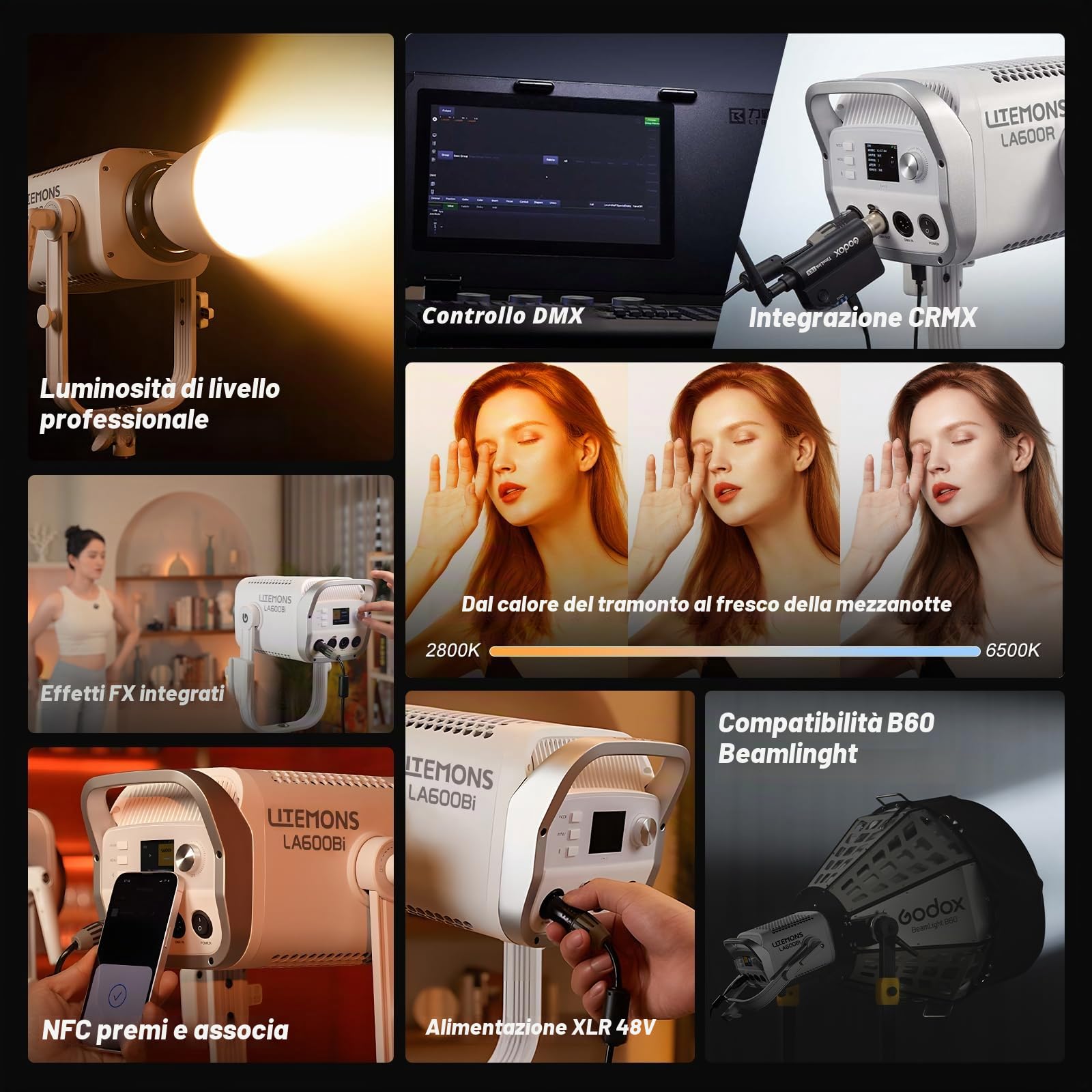 Godox Litemons LA600Bi Luce Video Luce Continua Video con Riflettore BR30,Video Light 600W 212500Lux@1M,2800K-6500K Luce Continua Piatta con Attacco Bowens e 11 Effetti FX
