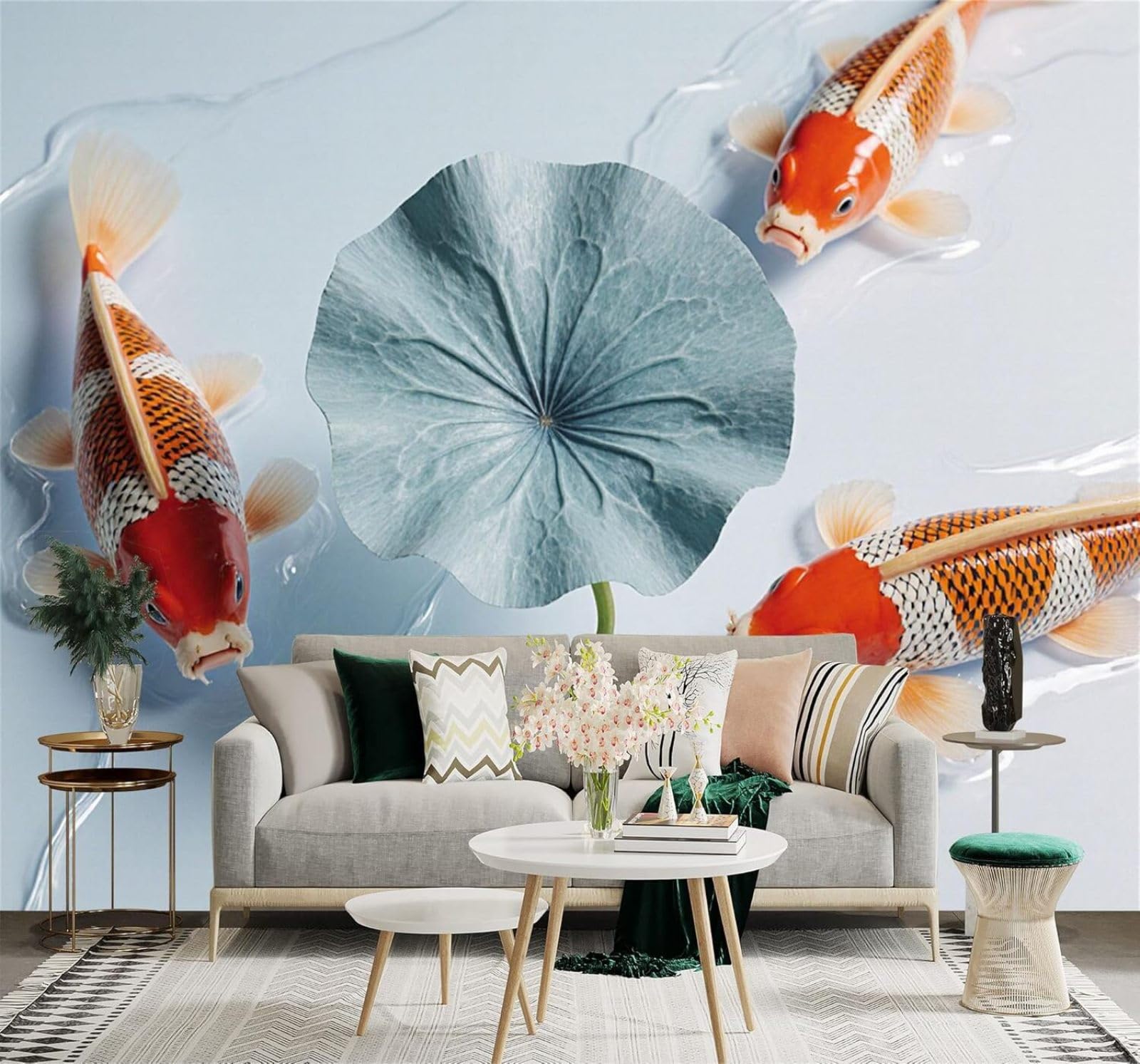 XLMING Three Dimensional Creative Blue Lotus Leaves Ripples Koi 3D Wallpaper Silky Texture Home Study Office Grey Dining Room Sofa Bedroom Living Room TV Backdrop-150cm×105cm