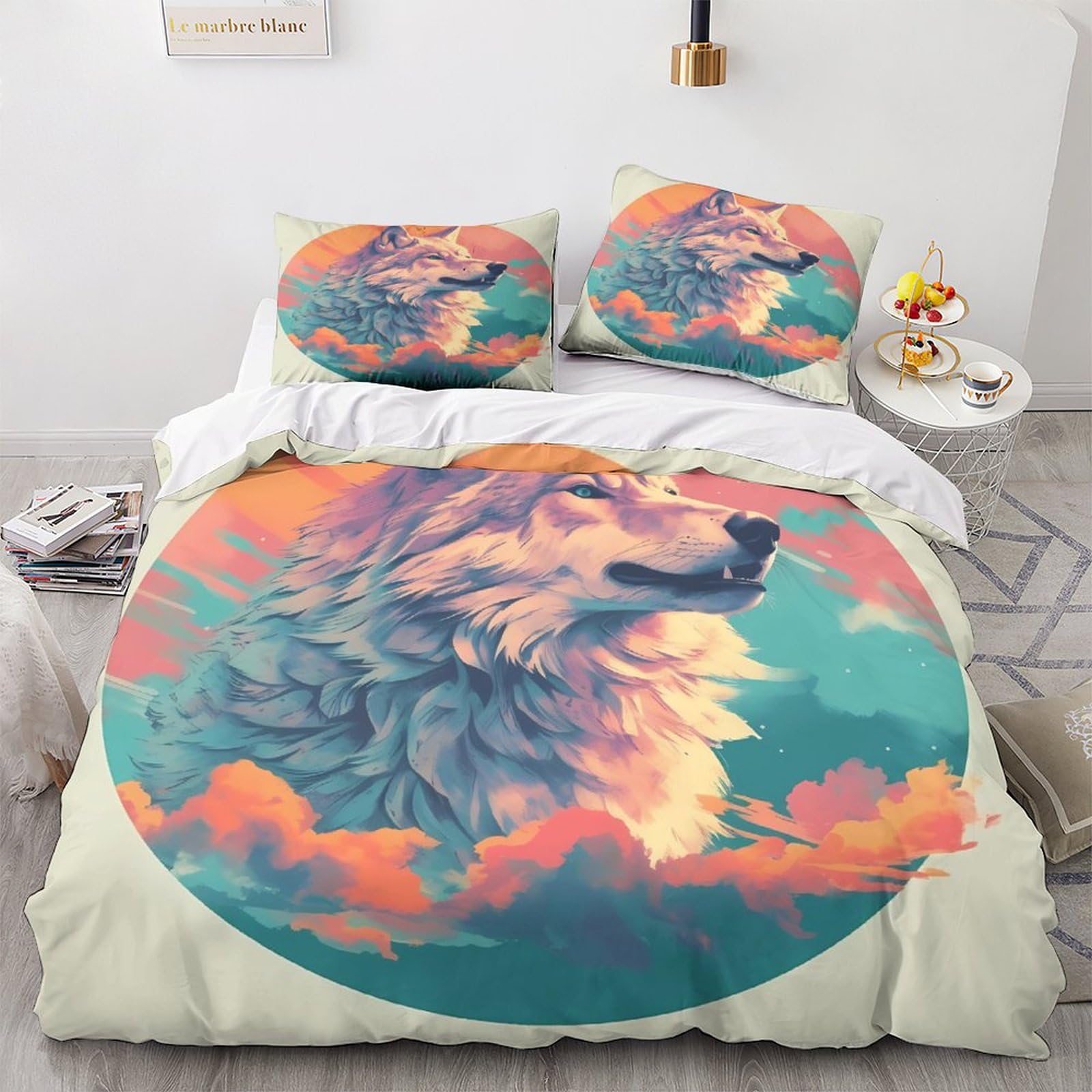 Housse de couette loup lit 2 personnes parure anti-pli avec zip microfibre pour enfant et adulte