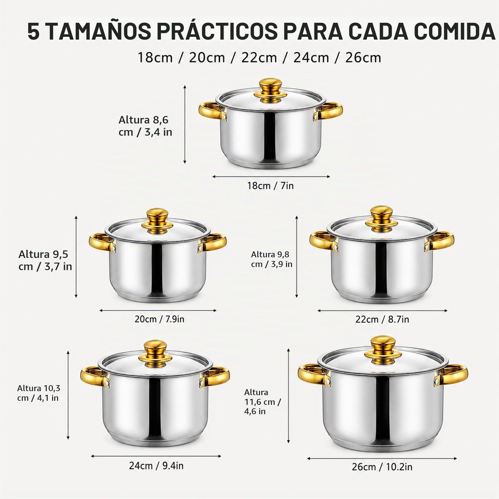 Set de Ollas Acero Inoxidable 10 Piezas, Tapas Acero, Todo Tipo Cocinas