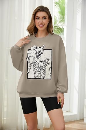Meladyan Halloween Skull Graphic Print Fleece Oversized Sweatshirt Crewneck Long Sleeve Drop Shoulder Pullover, Coffee Grey