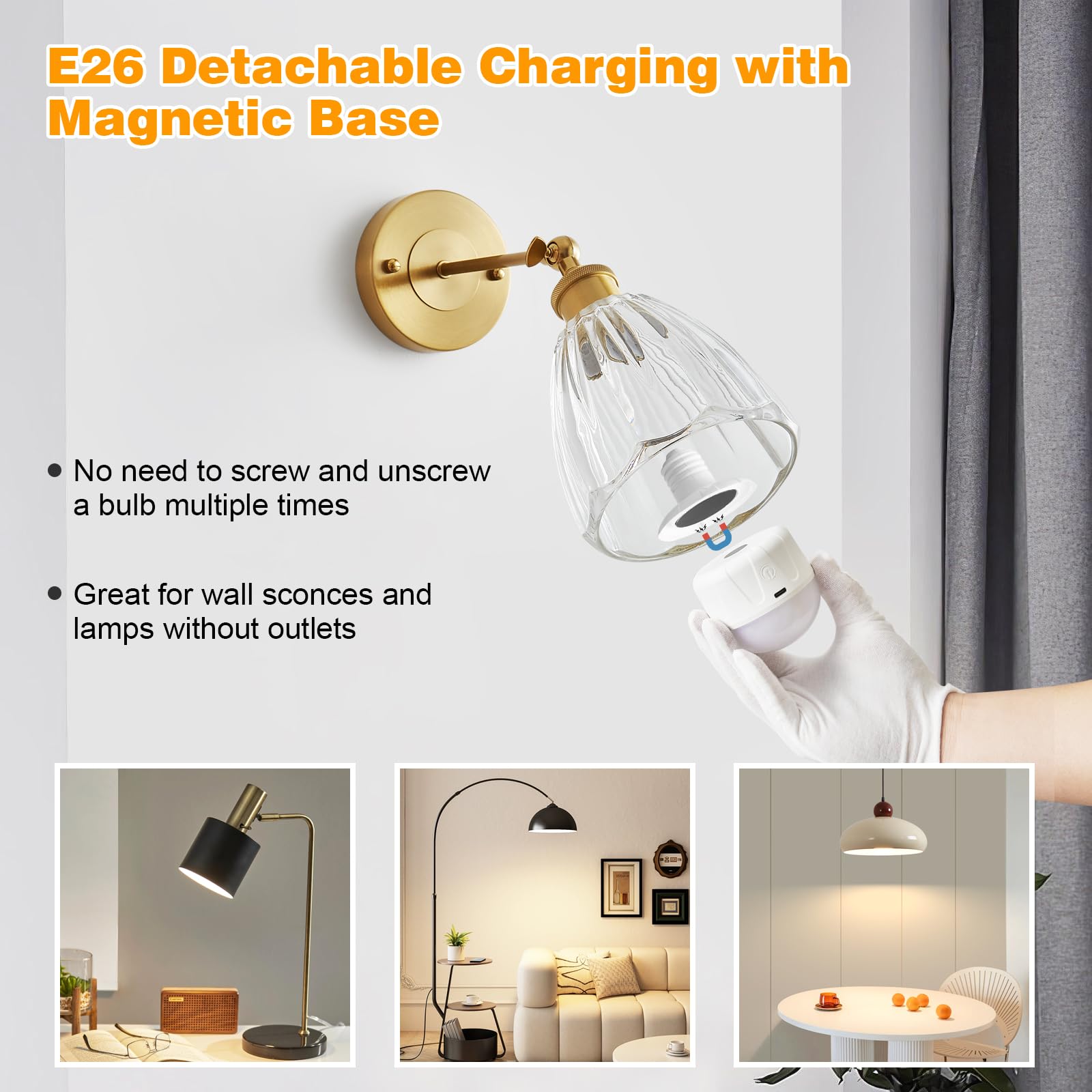 Bombillas recargables con control remoto, 2000 mAh, magnéticas, alimentadas por batería, bombilla LED E26 con temporizador para lámparas/candelabros/camping al aire libre, 3 temperaturas de