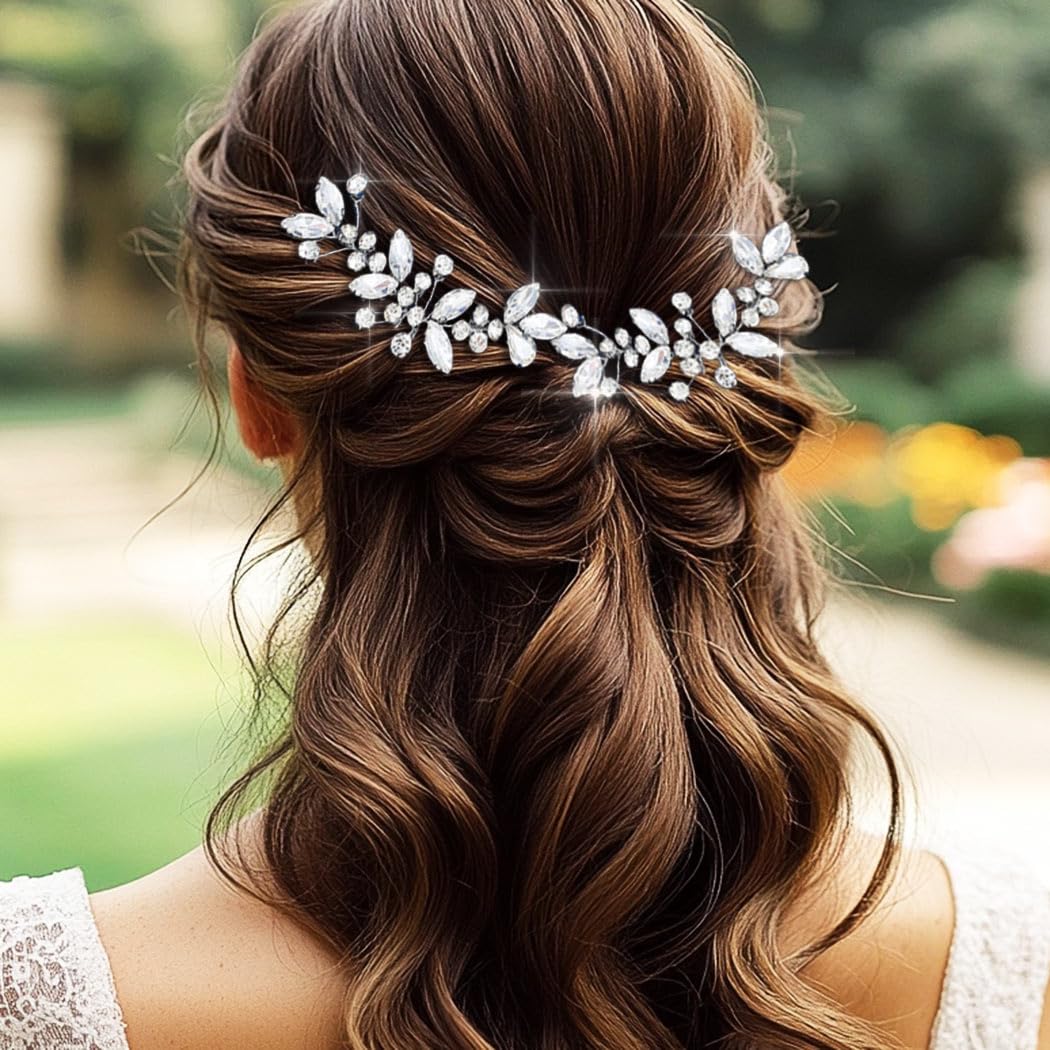 HEREAD Crystal Bride Wedding Hair Pins Silver Rhinestone Hair Piece Hair Accessories for Women and Girls (Pack of 2) (Silver) - Image 6