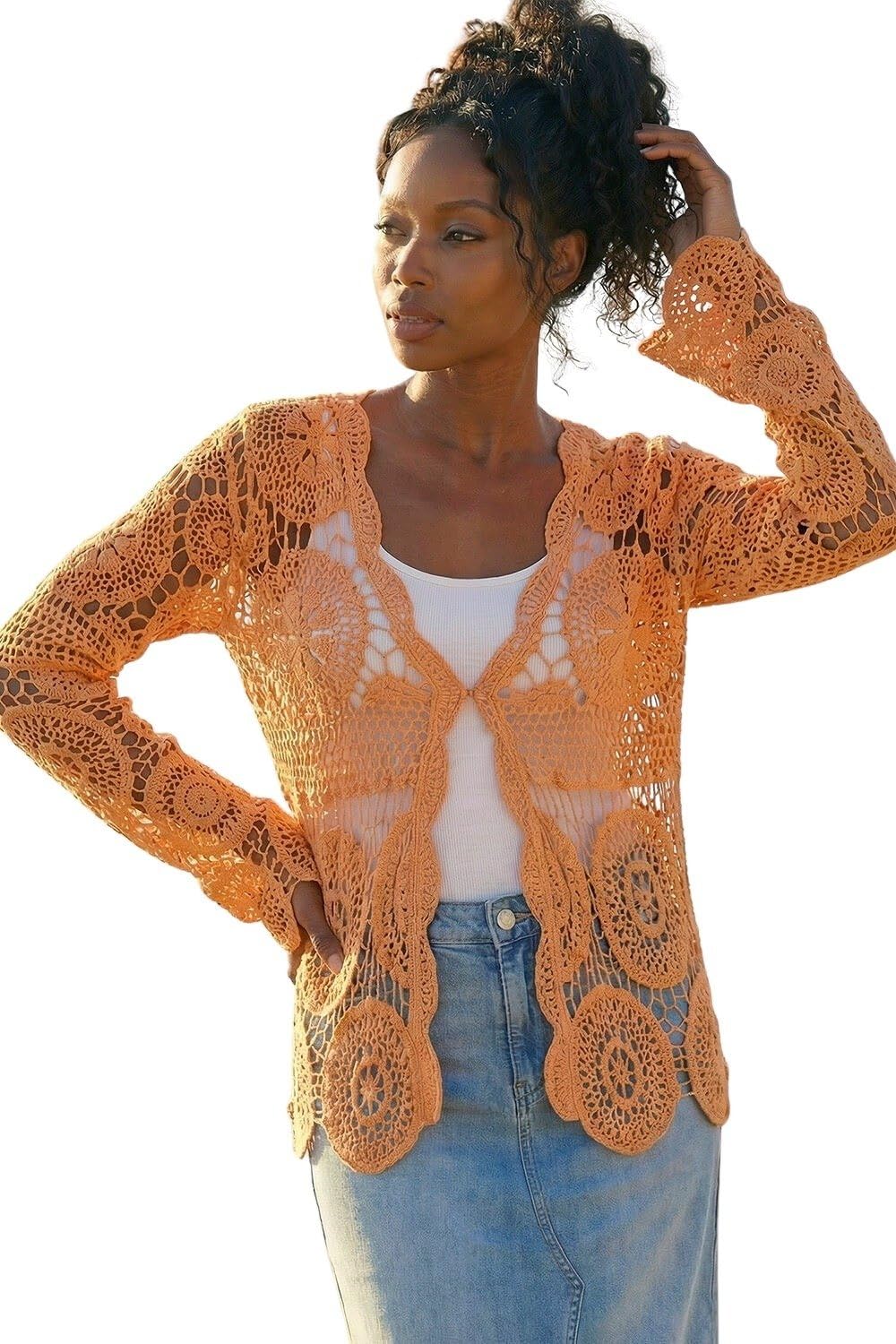 Roman Crochet Knit Cardigan, Orange, Size M, Women
