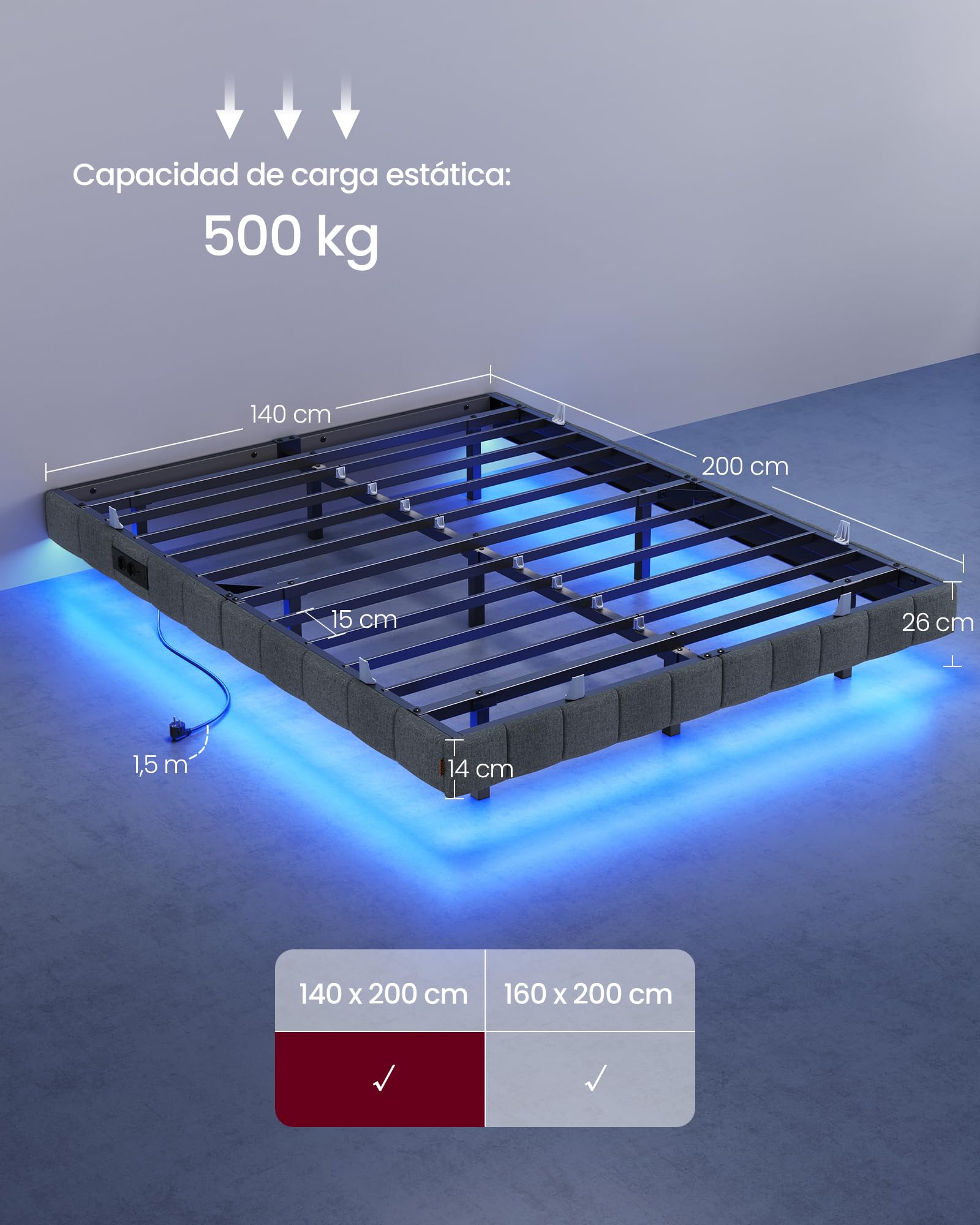 VASAGLE Marco de Cama Flotante, 140 x 200 cm, Bordes Acolchados, LED, 2 Tomas de Corriente, 1 Puerto USB-A, 1 Puerto USB-C, 1 Puerto USB-A Posterior, Carga de 500 kg, Gris Pizarra RMB164G101