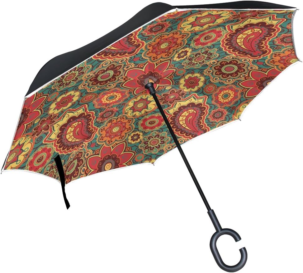 ALAZA Inside Out Folding Retro Colored Paisley Inverted Umbrella, Large Double Layer Outdoor Rain Sun Car Reversible Umbrella