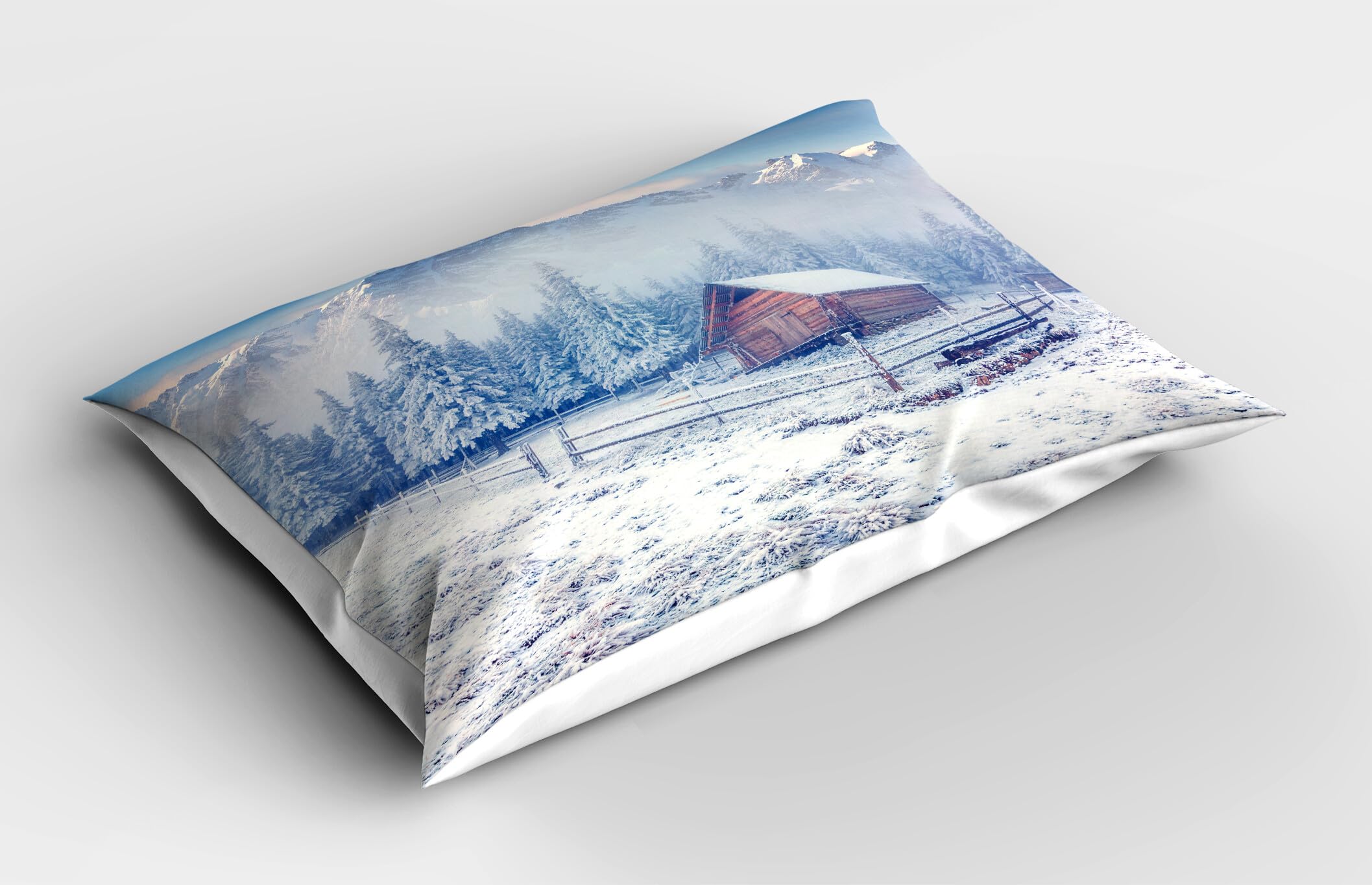 Ambesonne Winter Pillow Sham Set of 2, Old Farmhouse in Snow Mountains and Frosted Forest Rustic Life Photography, Quality Microfiber Bedding Item for All Seasons, 26