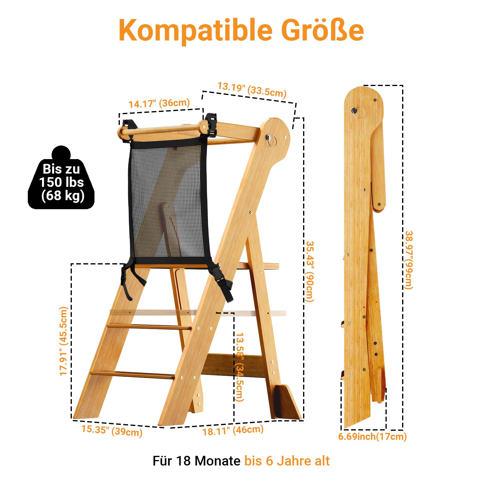 COSYLAND Montessori Lernturm ab 1 Jahr klappbar – Höhenverstellbarer Kinder Lernturm | Faltbarer Montessori Learning Tower aus Bambus | Lernstuhl Kitchen Helper - Natur