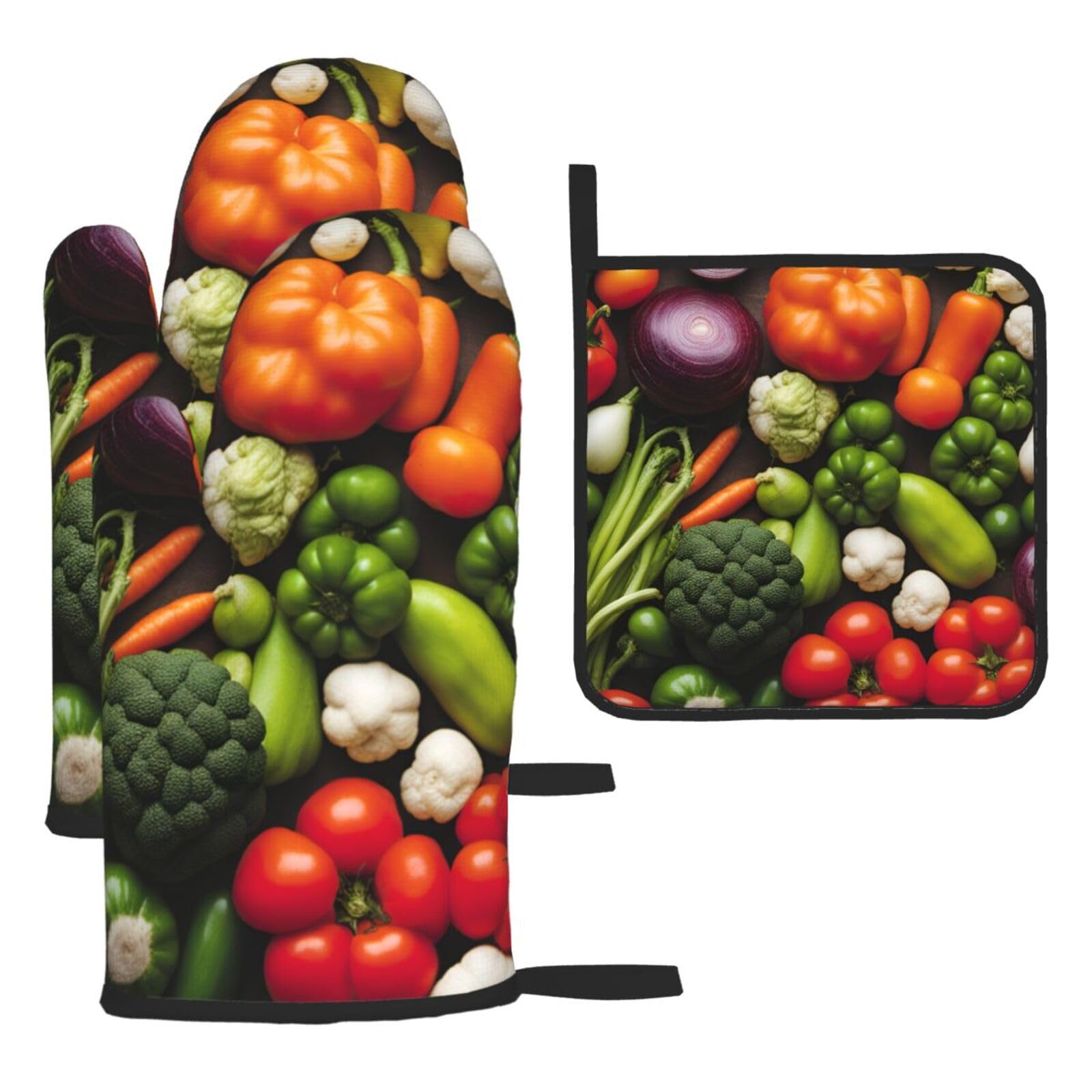Introduction Of Various Vegetables Print Oven Mitts Kitchen Gloves Set Everyday Baking Grilling Microwaving Cooking Gift