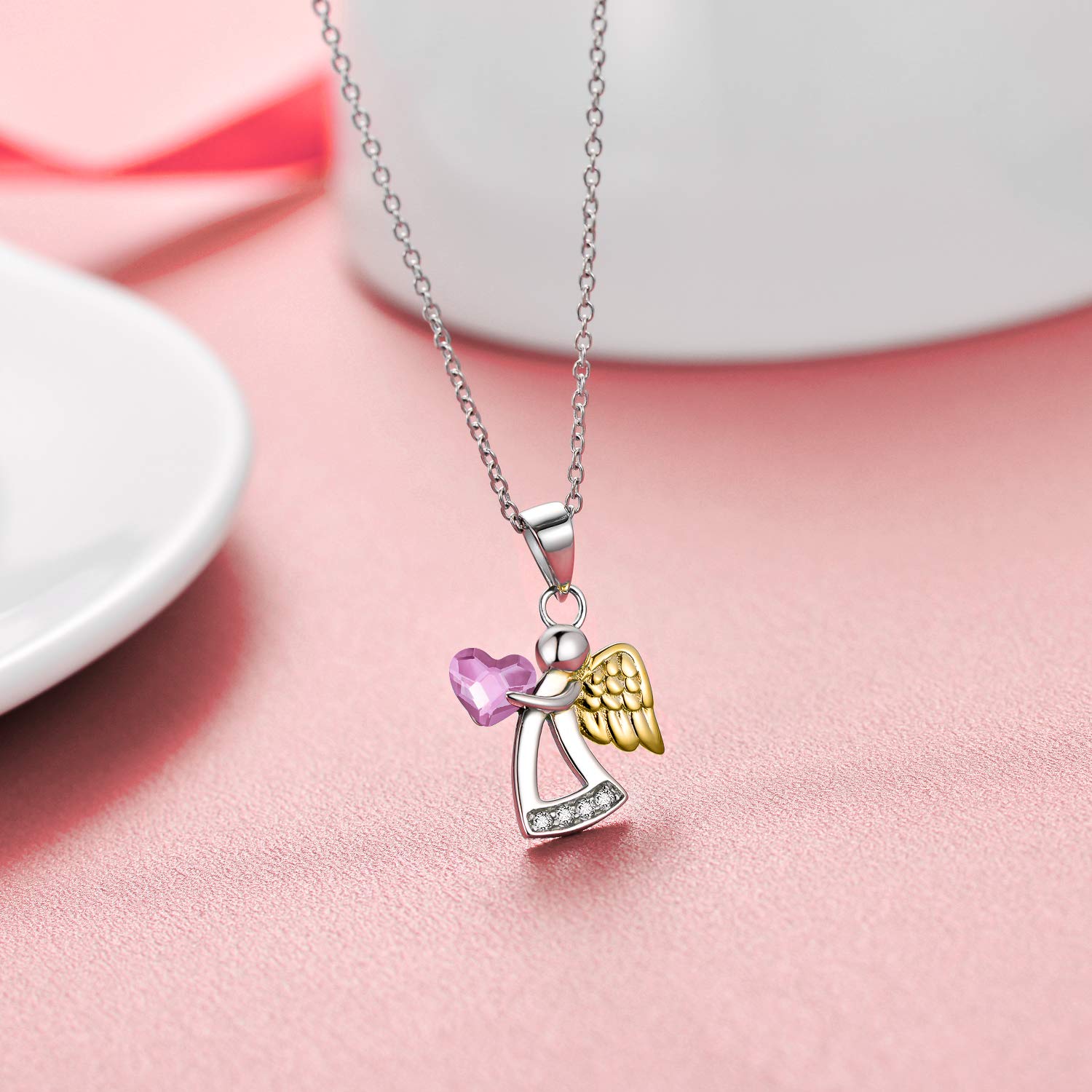 Schutzengel Kette Sterling Silber 925 Engel Anhänger Halskette mit Kristallen, Taufe Kommunion Geburtstagsgeschenke für Mädchen Kinder