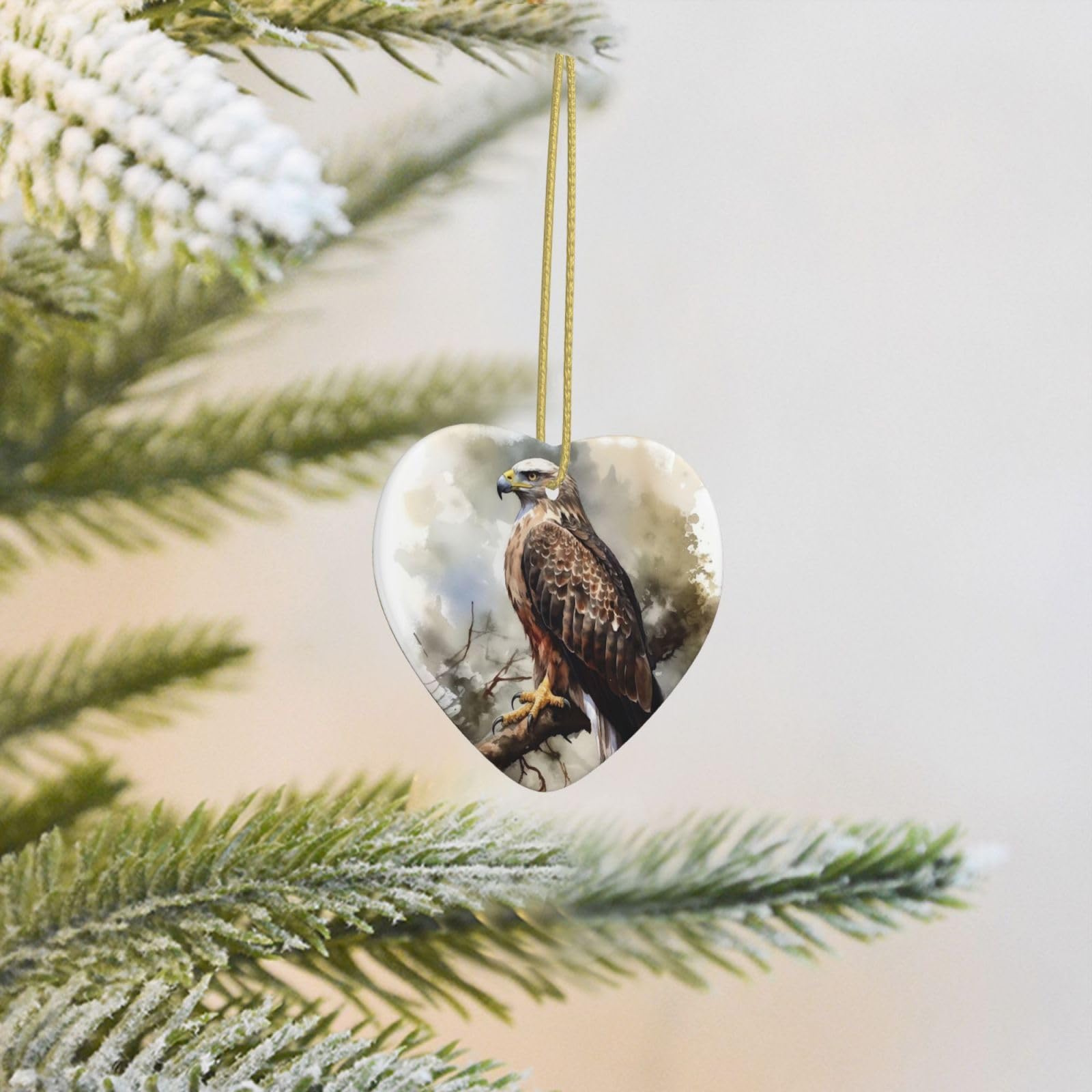 2025 Christmas Tree Decoration Hanging Heart Ornament Watercolor of Hawk Sitting in The Tree Ceramic Ornaments Christmas Tree Decorations Round Pendants for Xmas Tree Winter New Year Party Supplies